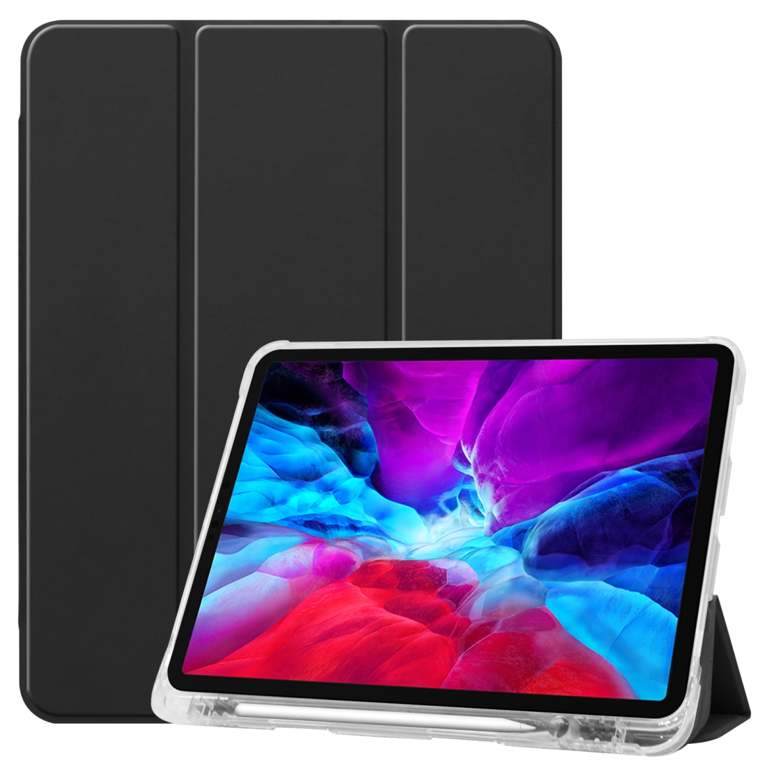 For iPad Pro 12.9 inch (2020) Three-folding Horizontal Flip PU Leather + Clear TPU Back Cover Tablet Case with Sleep / Wake-up Function & Holder & Pen Slot(Black) For iPad Pro 12.9 inch (2020) Three-folding Horizontal Flip PU Leather + Clear TPU Back Cover Tablet Case with Sleep / Wake-up Function & Holder & Pen Slot(Black)