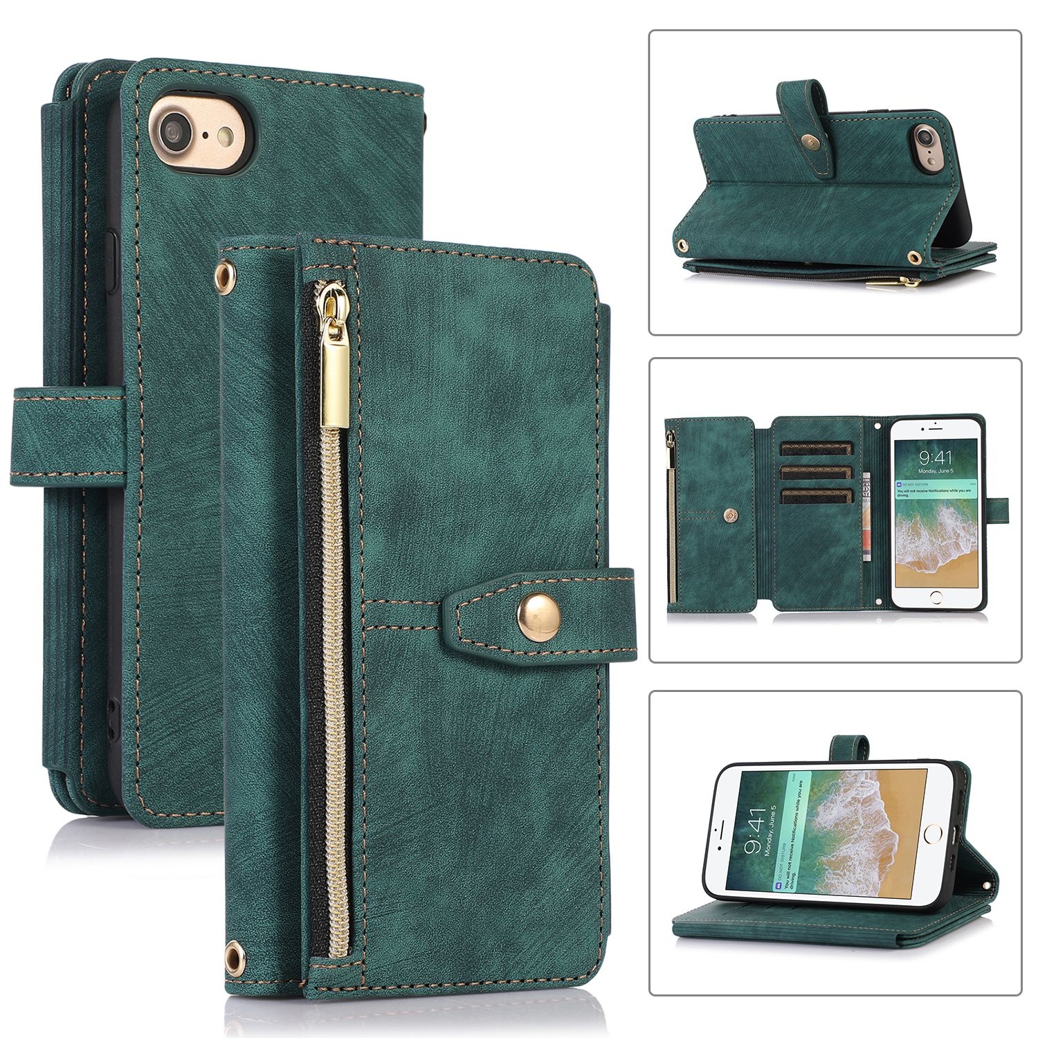 For iPhone SE 2022 / 2020 / 7 / 8 Dream 9-Card Wallet Zipper Bag Leather Phone Case(Green) For iPhone SE 2022 / 2020 / 7 / 8 Dream 9-Card Wallet Zipper Bag Leather Phone Case(Green)