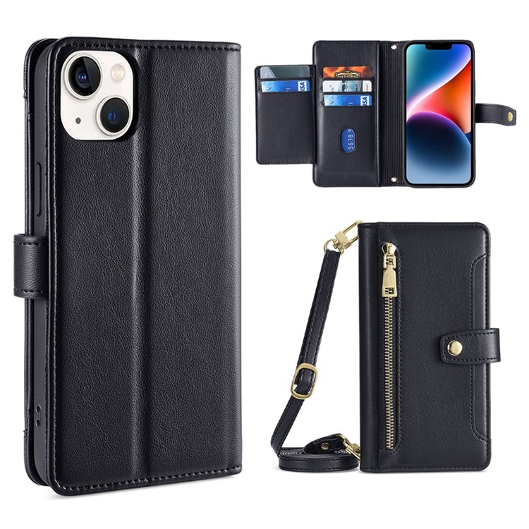 For iPhone 14 Plus Sheep Texture Cross-body Zipper Wallet Leather Phone Case(Black) For iPhone 14 Plus Sheep Texture Cross-body Zipper Wallet Leather Phone Case(Black)