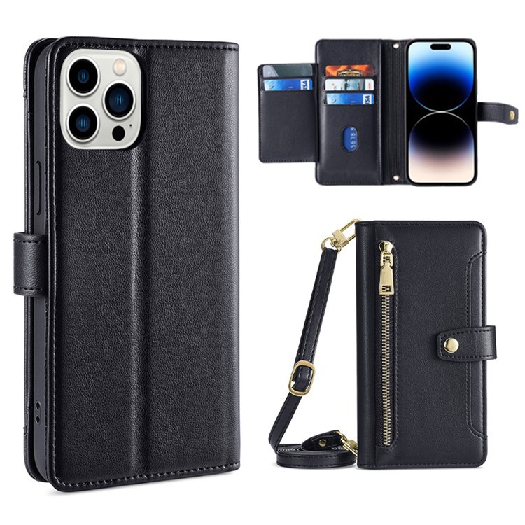 For iPhone 14 Pro Sheep Texture Cross-body Zipper Wallet Leather Phone Case(Black) For iPhone 14 Pro Sheep Texture Cross-body Zipper Wallet Leather Phone Case(Black)