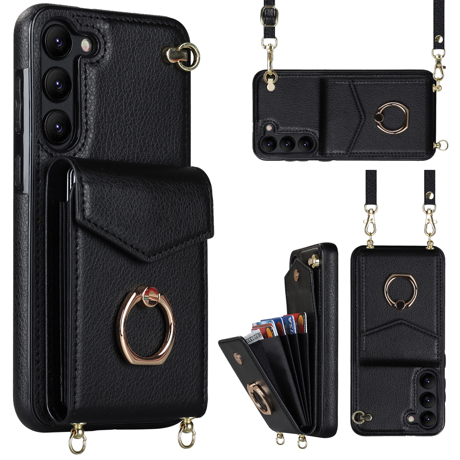 For Samsung Galaxy S23+ 5G Ring Holder RFID Card Slot Phone Case with Long Lanyard(Black) For Samsung Galaxy S23+ 5G Ring Holder RFID Card Slot Phone Case with Long Lanyard(Black)