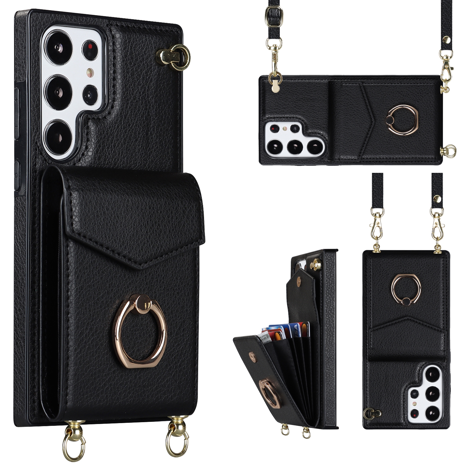 For Samsung Galaxy S23 Ultra 5G Ring Holder RFID Card Slot Phone Case with Long Lanyard(Black) For Samsung Galaxy S23 Ultra 5G Ring Holder RFID Card Slot Phone Case with Long Lanyard(Black)