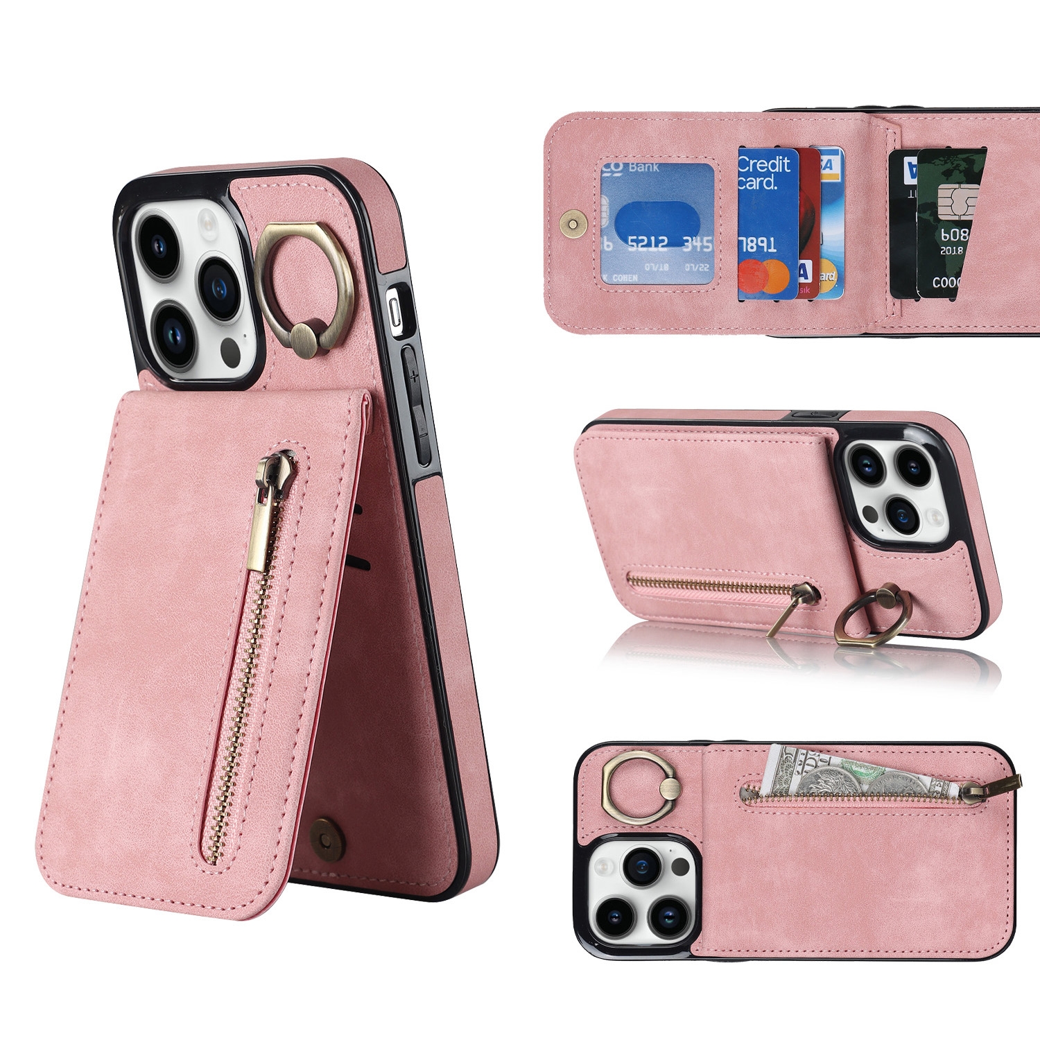 For iPhone 14 Plus Retro Ring and Zipper RFID Card Slot Phone Case(Pink) For iPhone 14 Plus Retro Ring and Zipper RFID Card Slot Phone Case(Pink)