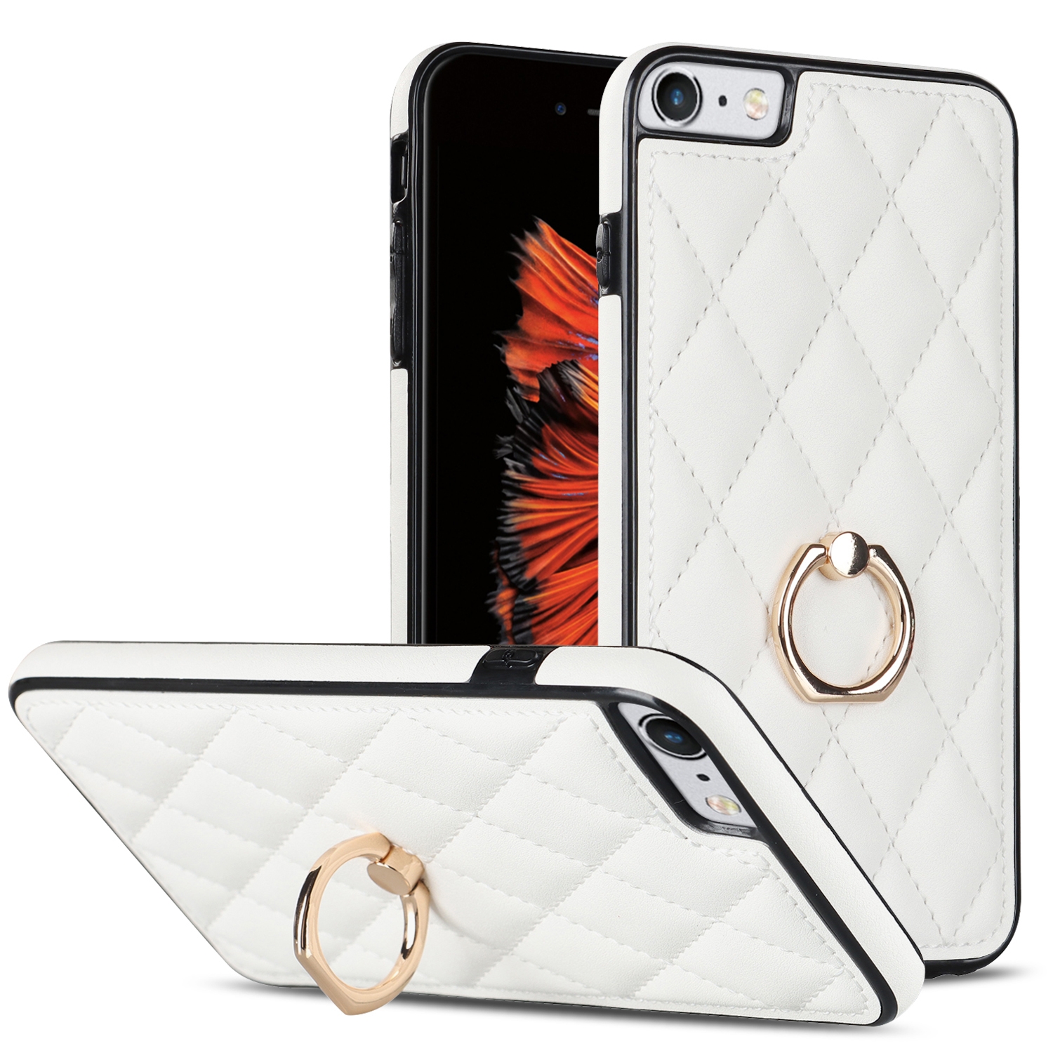 For iPhone SE 2020 / SE 2022 / 7 / 8 Rhombic PU Leather Phone Case with Ring Holder(White) For iPhone SE 2020 / SE 2022 / 7 / 8 Rhombic PU Leather Phone Case with Ring Holder(White)