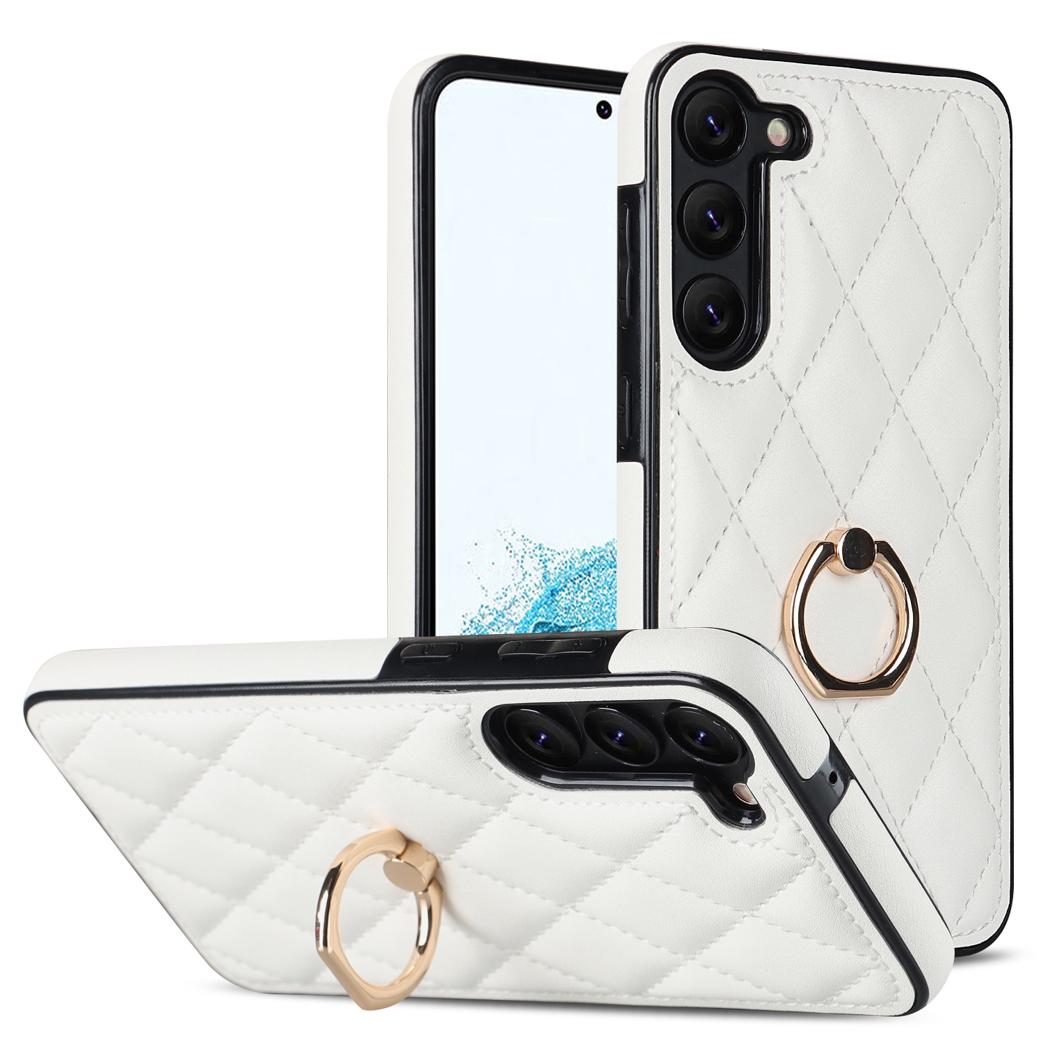 For Samsung Galaxy S23+ 5G Rhombic PU Leather Phone Case with Ring Holder(White) For Samsung Galaxy S23+ 5G Rhombic PU Leather Phone Case with Ring Holder(White)