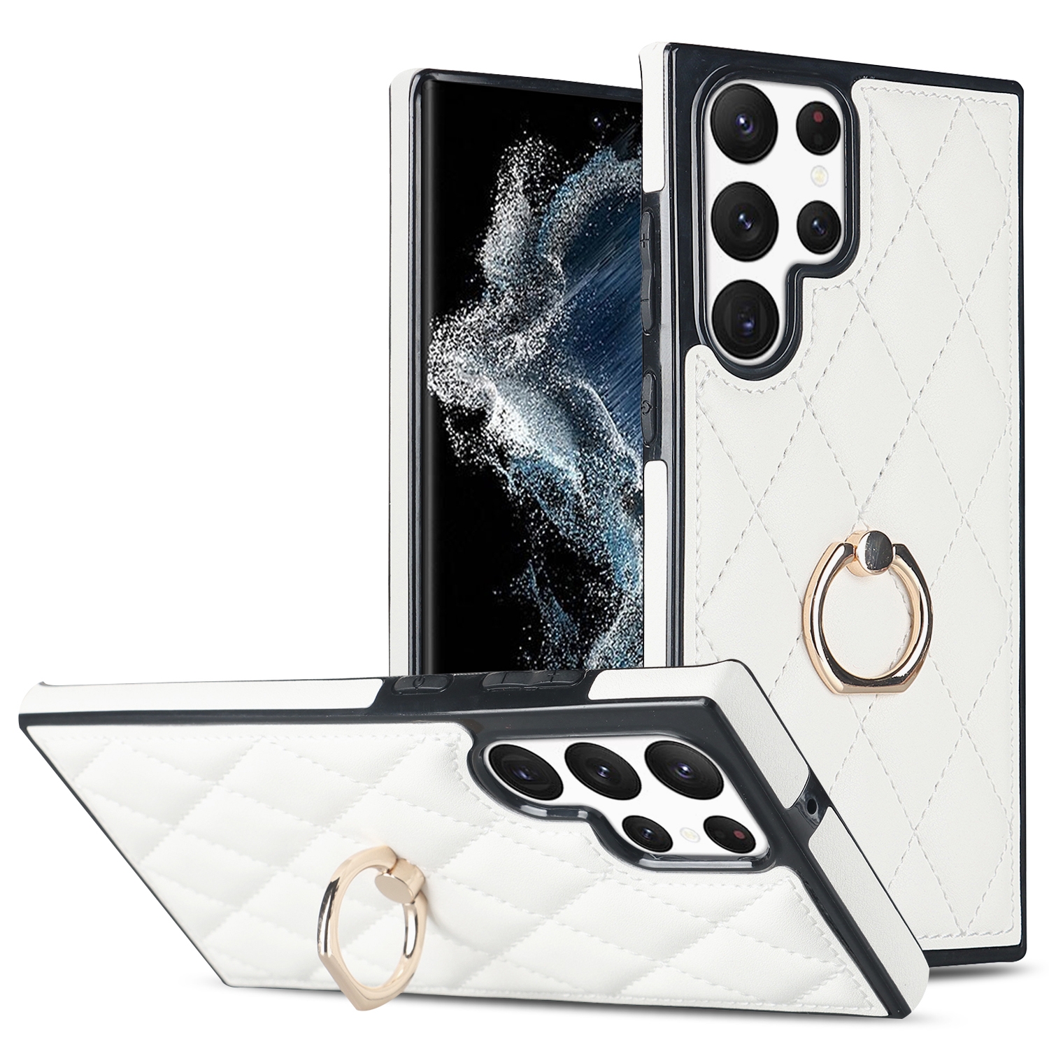 For Samsung Galaxy S22 Ultra 5G Rhombic PU Leather Phone Case with Ring Holder(White) For Samsung Galaxy S22 Ultra 5G Rhombic PU Leather Phone Case with Ring Holder(White)