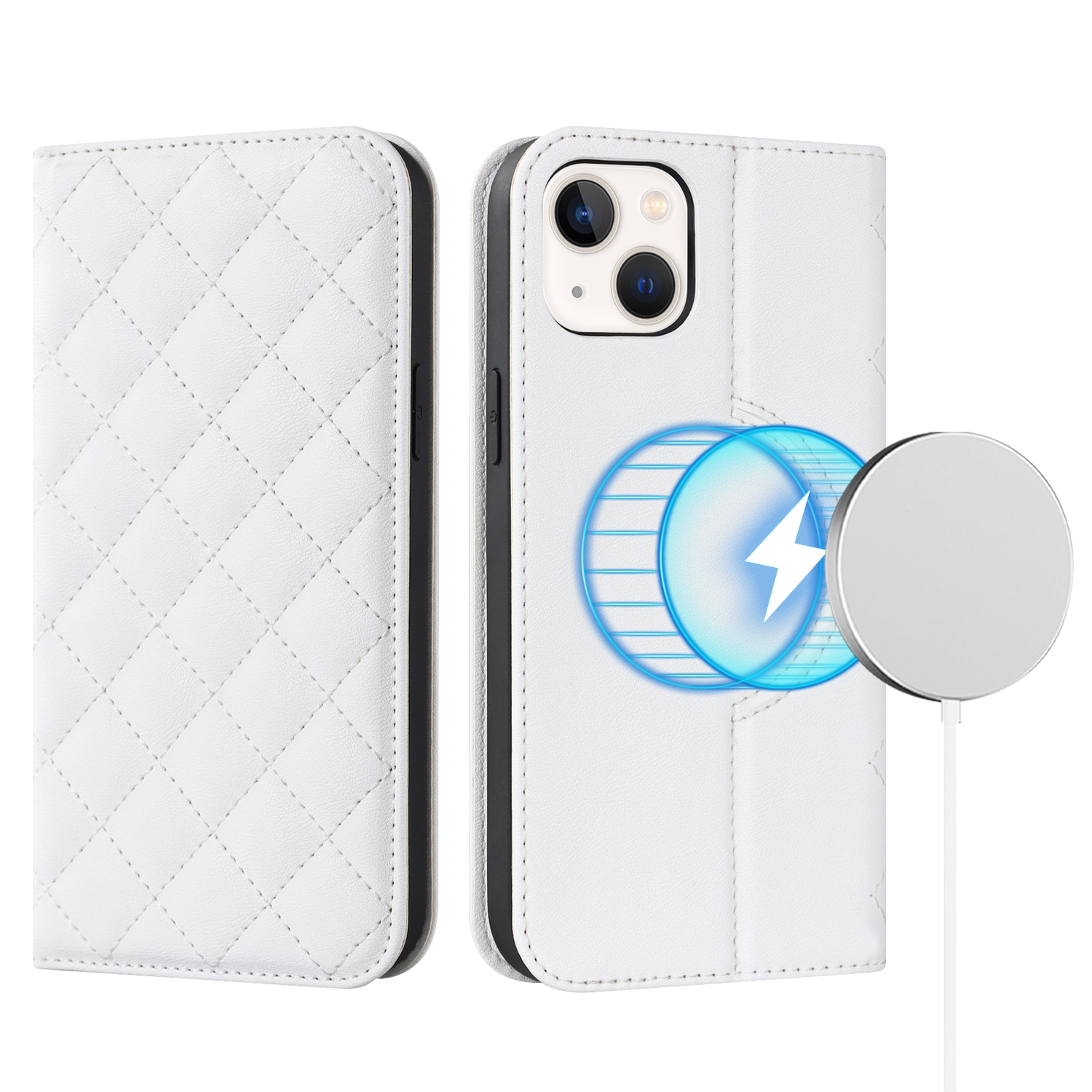 For iPhone 14 Rhombic MagSafe RFID Anti-Theft Wallet Leather Phone Case(White) For iPhone 14 Rhombic MagSafe RFID Anti-Theft Wallet Leather Phone Case(White)