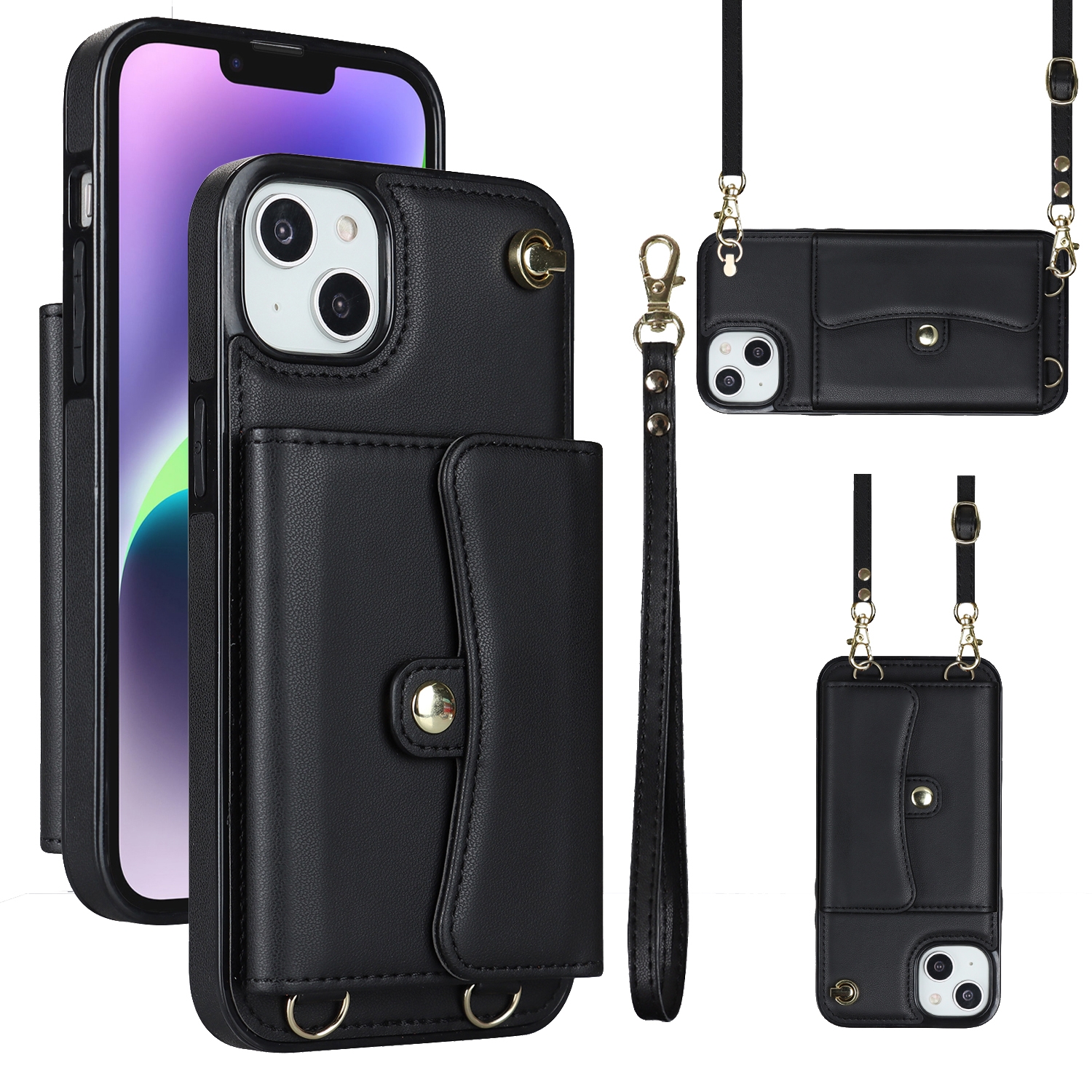 For iPhone 14 Plus RFID Card Slot Phone Case with Long Lanyard(Black) For iPhone 14 Plus RFID Card Slot Phone Case with Long Lanyard(Black)