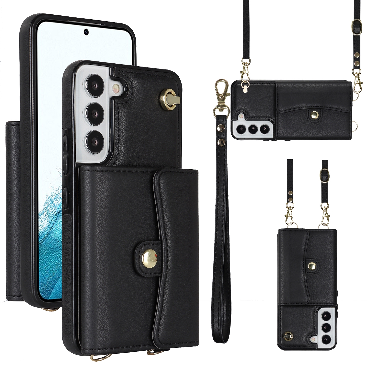 For Samsung Galaxy S22 5G RFID Card Slot Leather Phone Case with Long Lanyard(Black) For Samsung Galaxy S22 5G RFID Card Slot Leather Phone Case with Long Lanyard(Black)