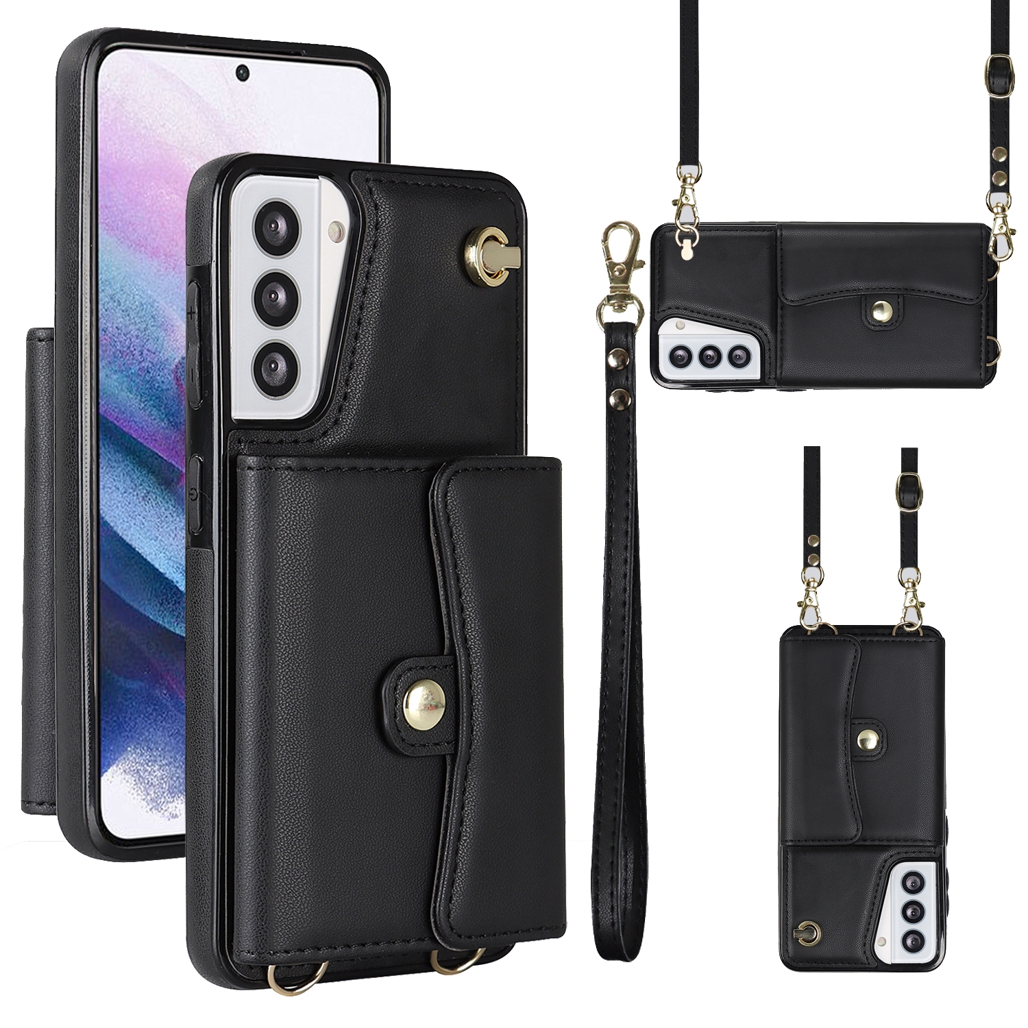 For Samsung Galaxy S21 5G RFID Card Slot Leather Phone Case with Long Lanyard(Black) For Samsung Galaxy S21 5G RFID Card Slot Leather Phone Case with Long Lanyard(Black)