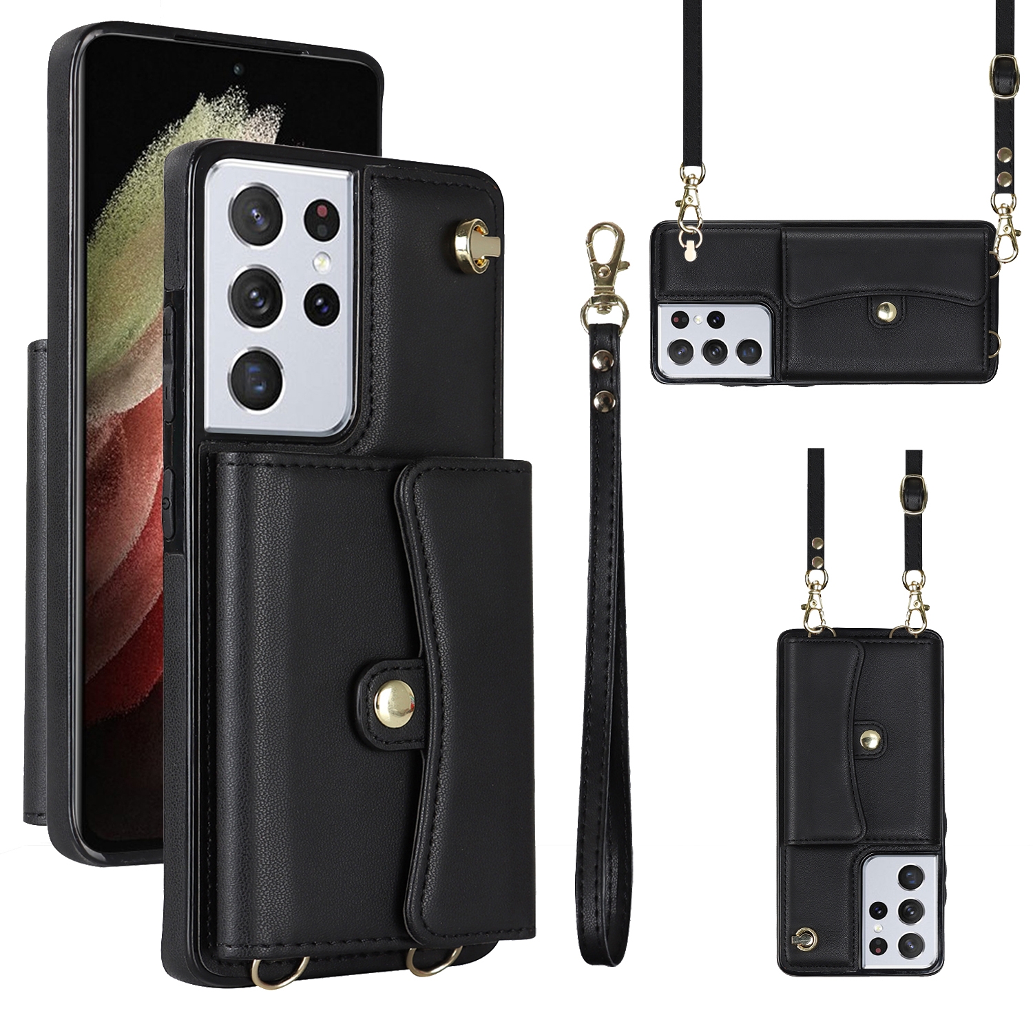 For Samsung Galaxy S21 Ultra 5G RFID Card Slot Leather Phone Case with Long Lanyard(Black) For Samsung Galaxy S21 Ultra 5G RFID Card Slot Leather Phone Case with Long Lanyard(Black)