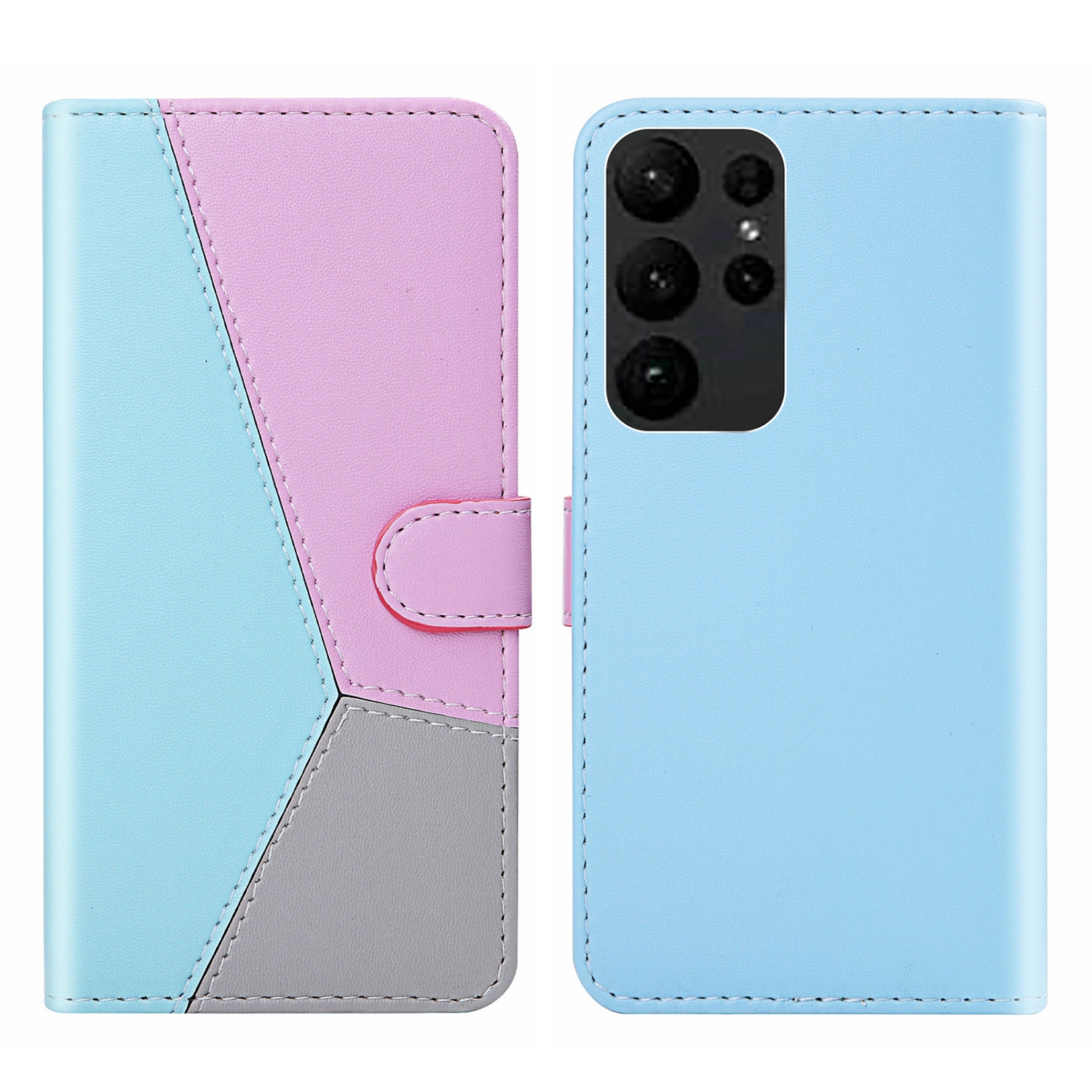 For Samsung Galaxy S23 Ultra 5G Tricolor Stitching Flip Leather Phone Case(Blue)
