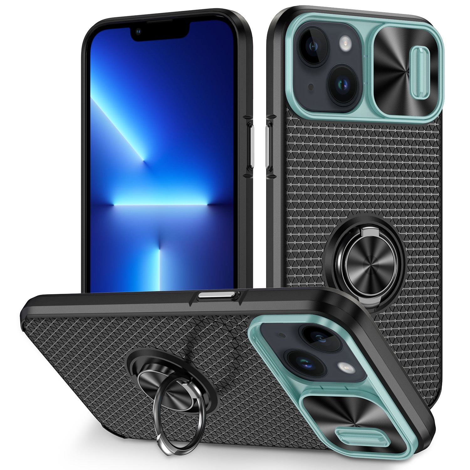 For iPhone 14 Sliding Camshield Armor Phone Case with Ring Holder(Grey Green Black) For iPhone 14 Sliding Camshield Armor Phone Case with Ring Holder(Grey Green Black)