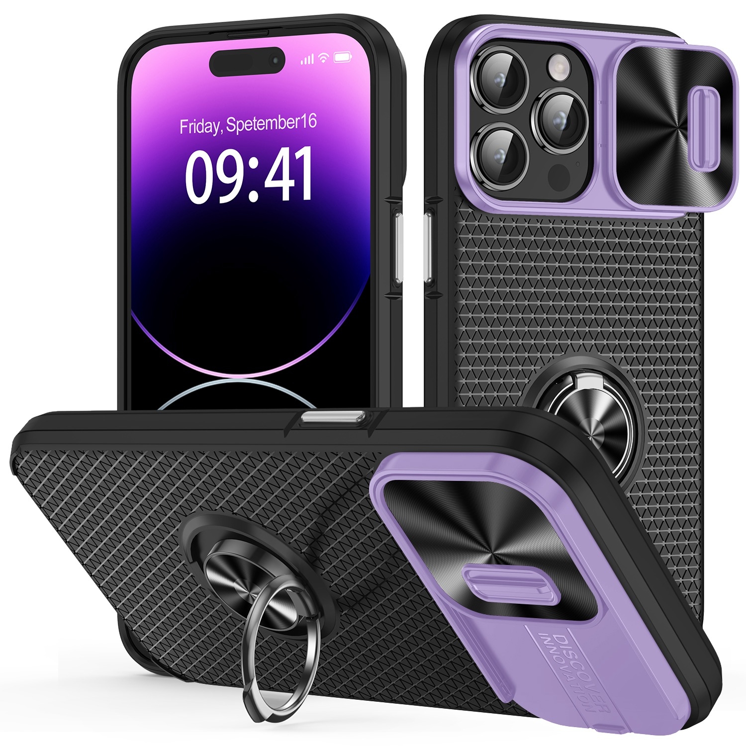 For iPhone 14 Pro Max Sliding Camshield Armor Phone Case with Ring Holder(Purple Black) For iPhone 14 Pro Max Sliding Camshield Armor Phone Case with Ring Holder(Purple Black)