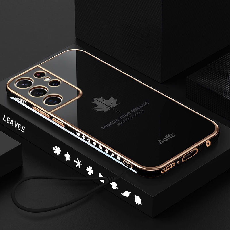 For Samsung Galaxy S23 Ultra 5G 9D Plating Maple Leaf Silicone Phone Case with Strap(Black) For Samsung Galaxy S23 Ultra 5G 9D Plating Maple Leaf Silicone Phone Case with Strap(Black)