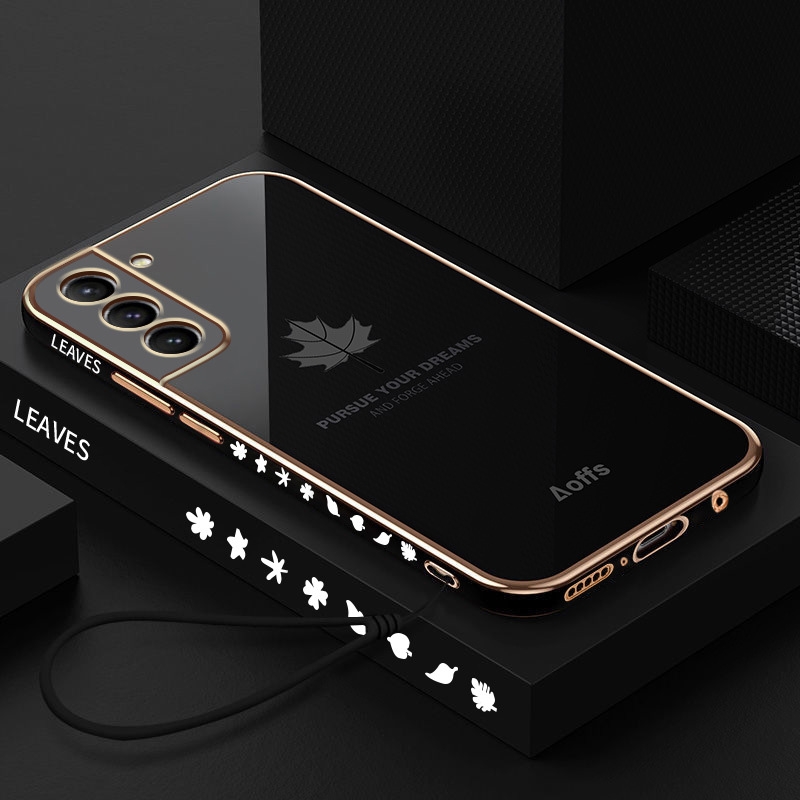 For Samsung Galaxy S22+ 5G 9D Plating Maple Leaf Silicone Phone Case with Strap(Black) For Samsung Galaxy S22+ 5G 9D Plating Maple Leaf Silicone Phone Case with Strap(Black)