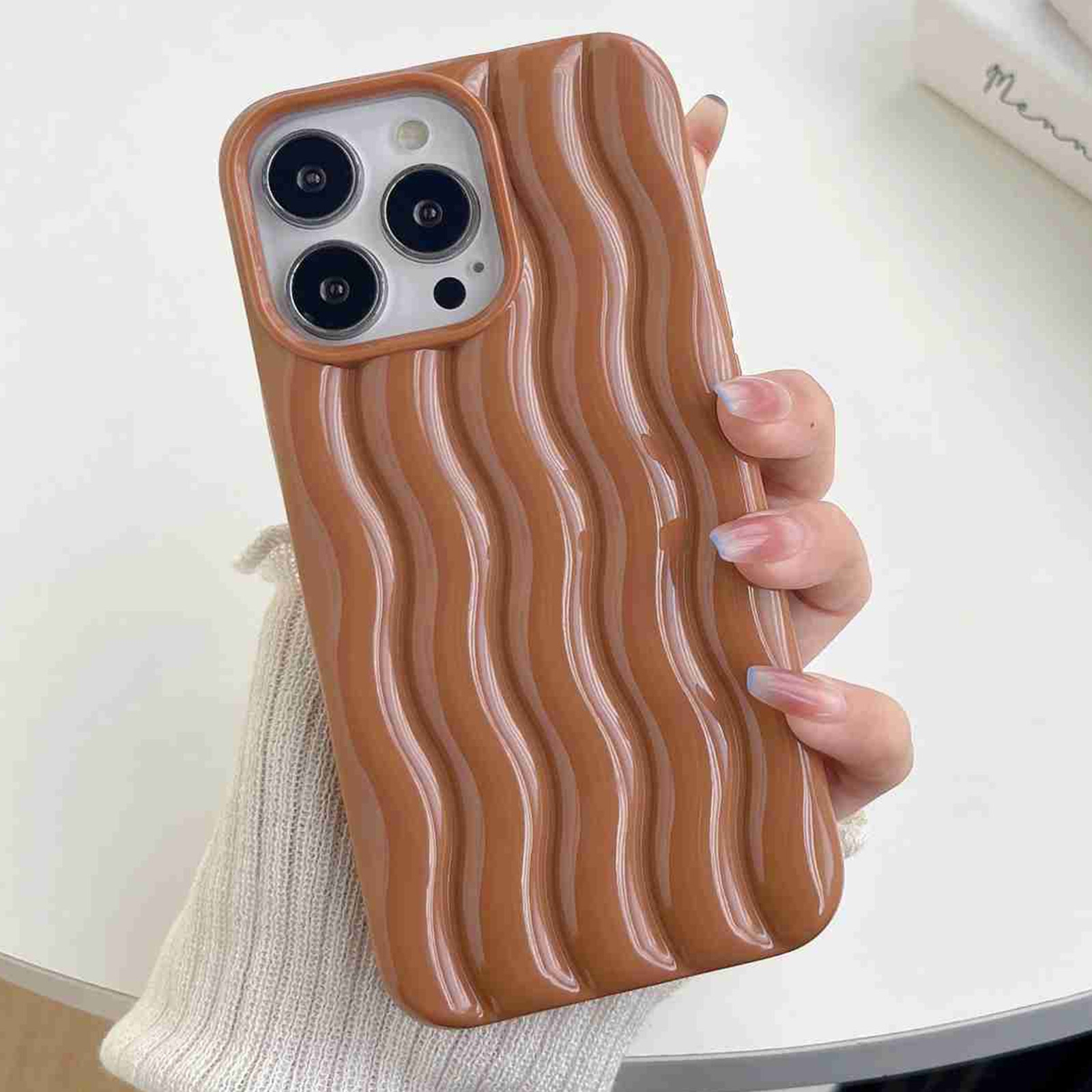 For iPhone 14 Pro Varnishing 3D Water Wave Texture Phone Case(Brown) For iPhone 14 Pro Varnishing 3D Water Wave Texture Phone Case(Brown)