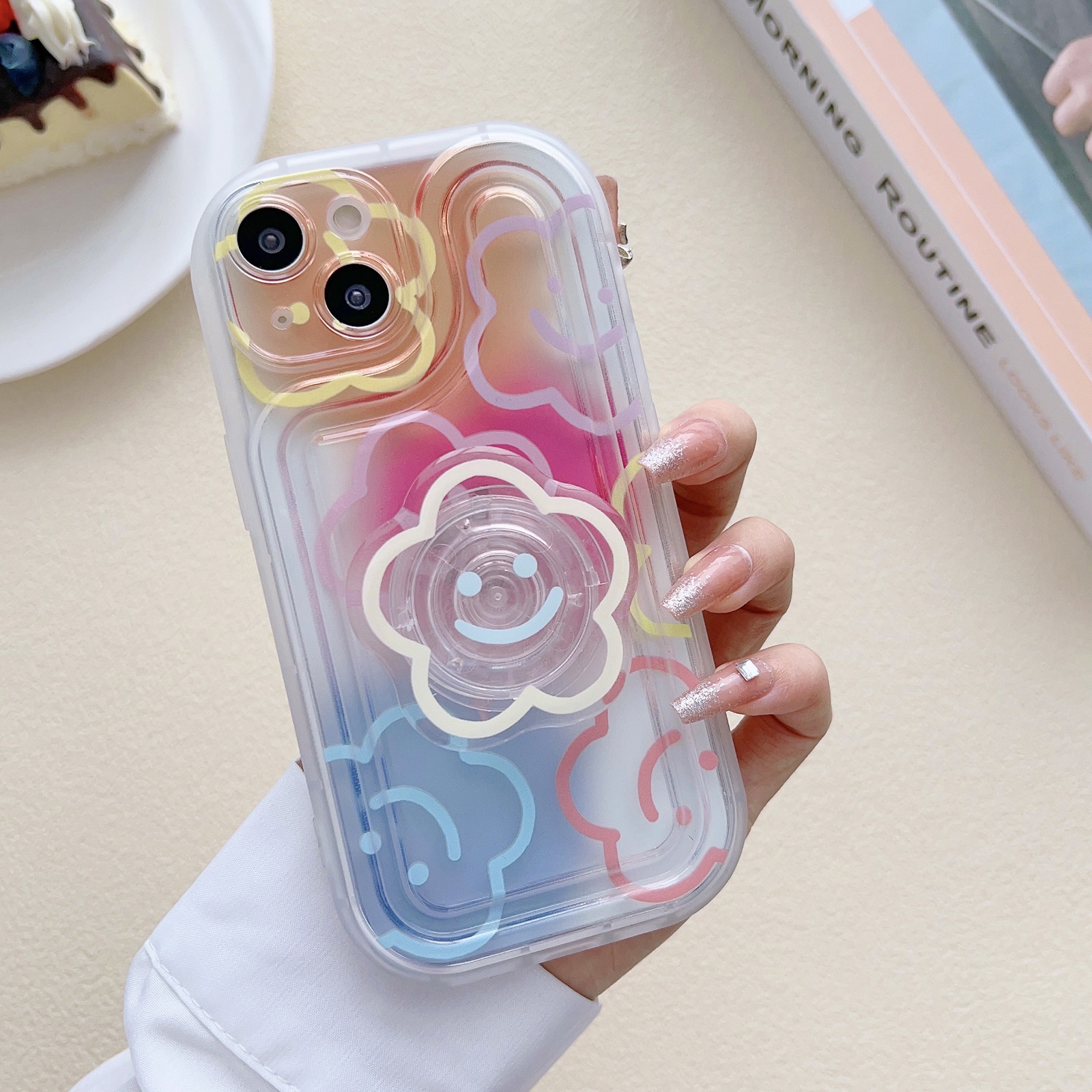 For iPhone 13 Airbag Frame Smiley Face Flower Phone Case with Holder For iPhone 13 Airbag Frame Smiley Face Flower Phone Case with Holder