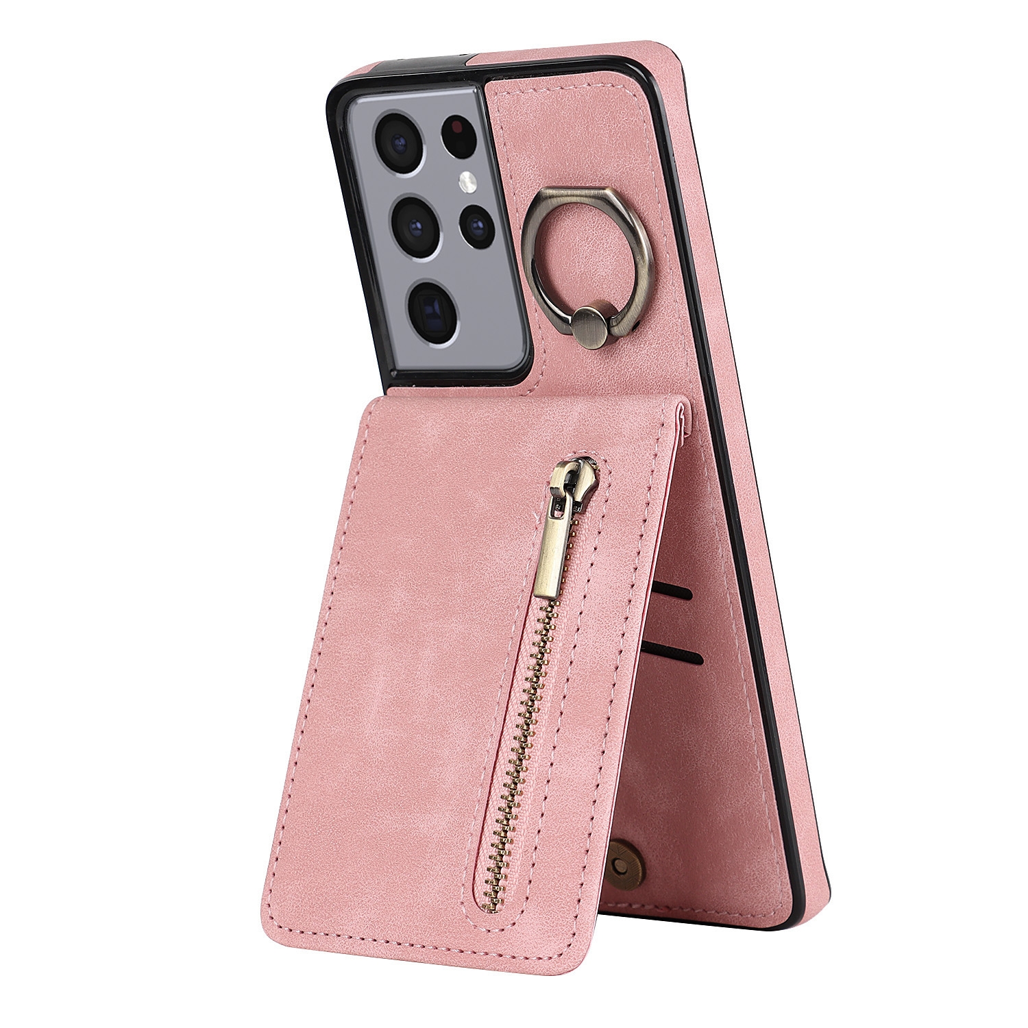 For Samsung Galaxy S21 Ultra 5G Retro Ring and Zipper RFID Card Slot Phone Case(Pink) For Samsung Galaxy S21 Ultra 5G Retro Ring and Zipper RFID Card Slot Phone Case(Pink)