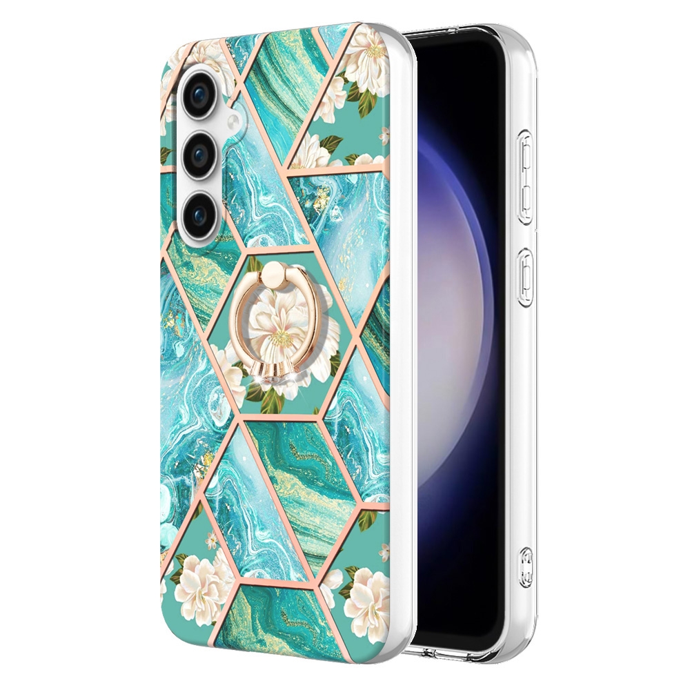 For Samsung Galaxy S23 FE 5G Splicing Marble Flower IMD TPU Phone Case with Ring Holder(Blue Flower) For Samsung Galaxy S23 FE 5G Splicing Marble Flower IMD TPU Phone Case with Ring Holder(Blue Flower)