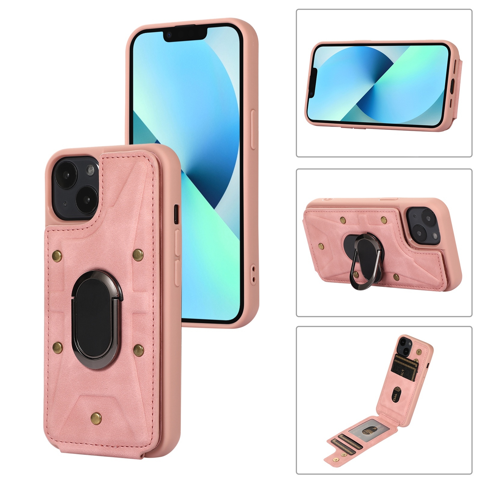 For iPhone 14 Plus Armor Ring Wallet Back Cover Phone Case(Pink) For iPhone 14 Plus Armor Ring Wallet Back Cover Phone Case(Pink)