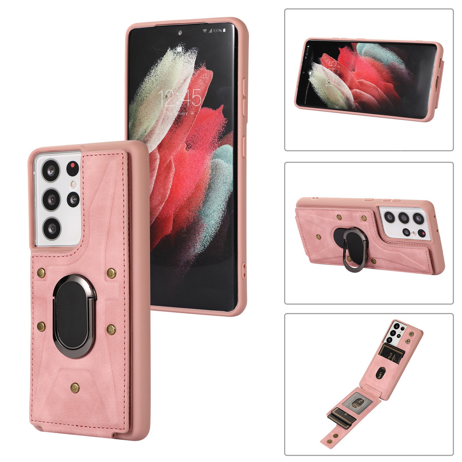 For Samsung Galaxy S21 Ultra 5G Armor Ring Wallet Back Cover Phone Case(Pink) For Samsung Galaxy S21 Ultra 5G Armor Ring Wallet Back Cover Phone Case(Pink)