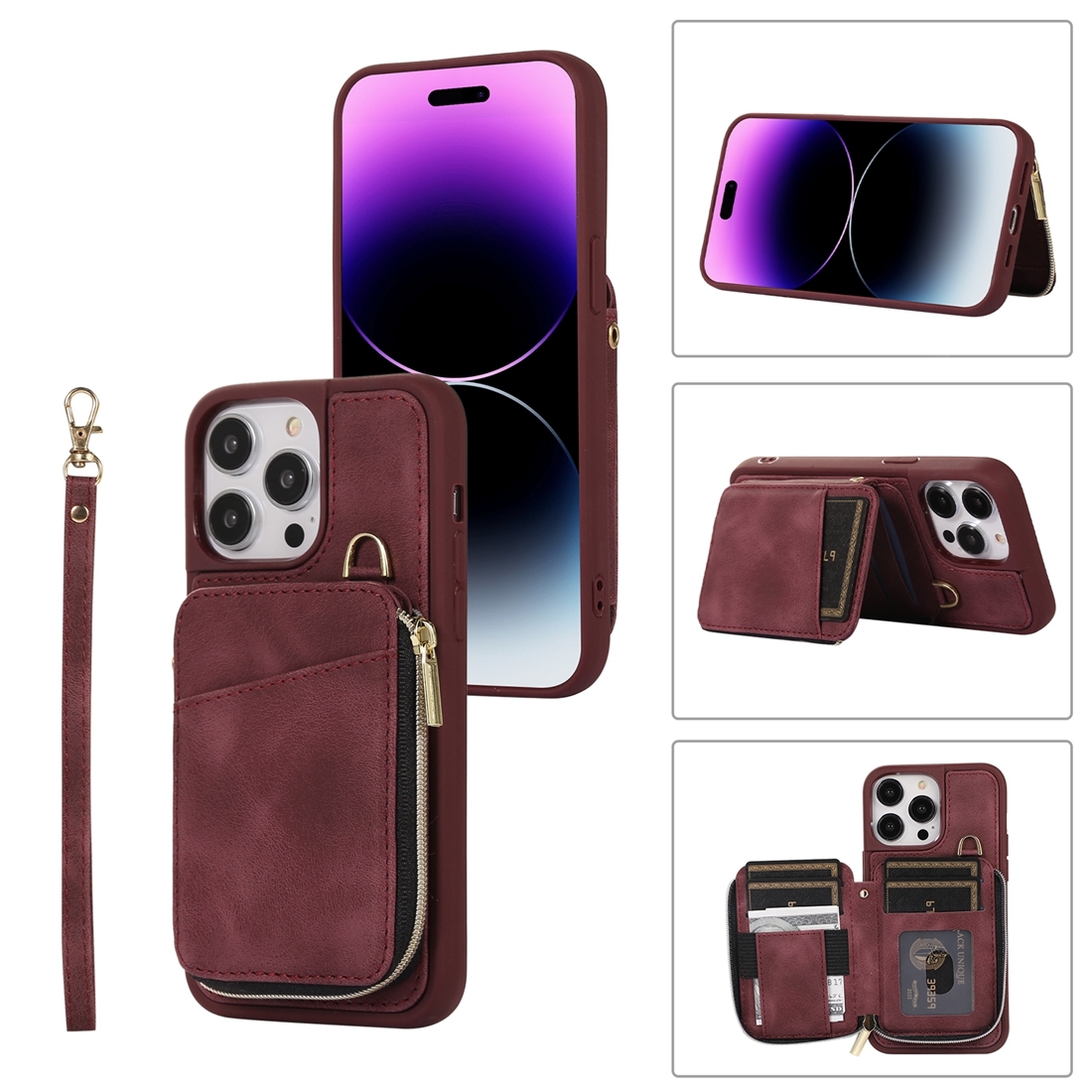 For iPhone 14 Pro Zipper Card Bag Back Cover Phone Case(Wine Red) For iPhone 14 Pro Zipper Card Bag Back Cover Phone Case(Wine Red)