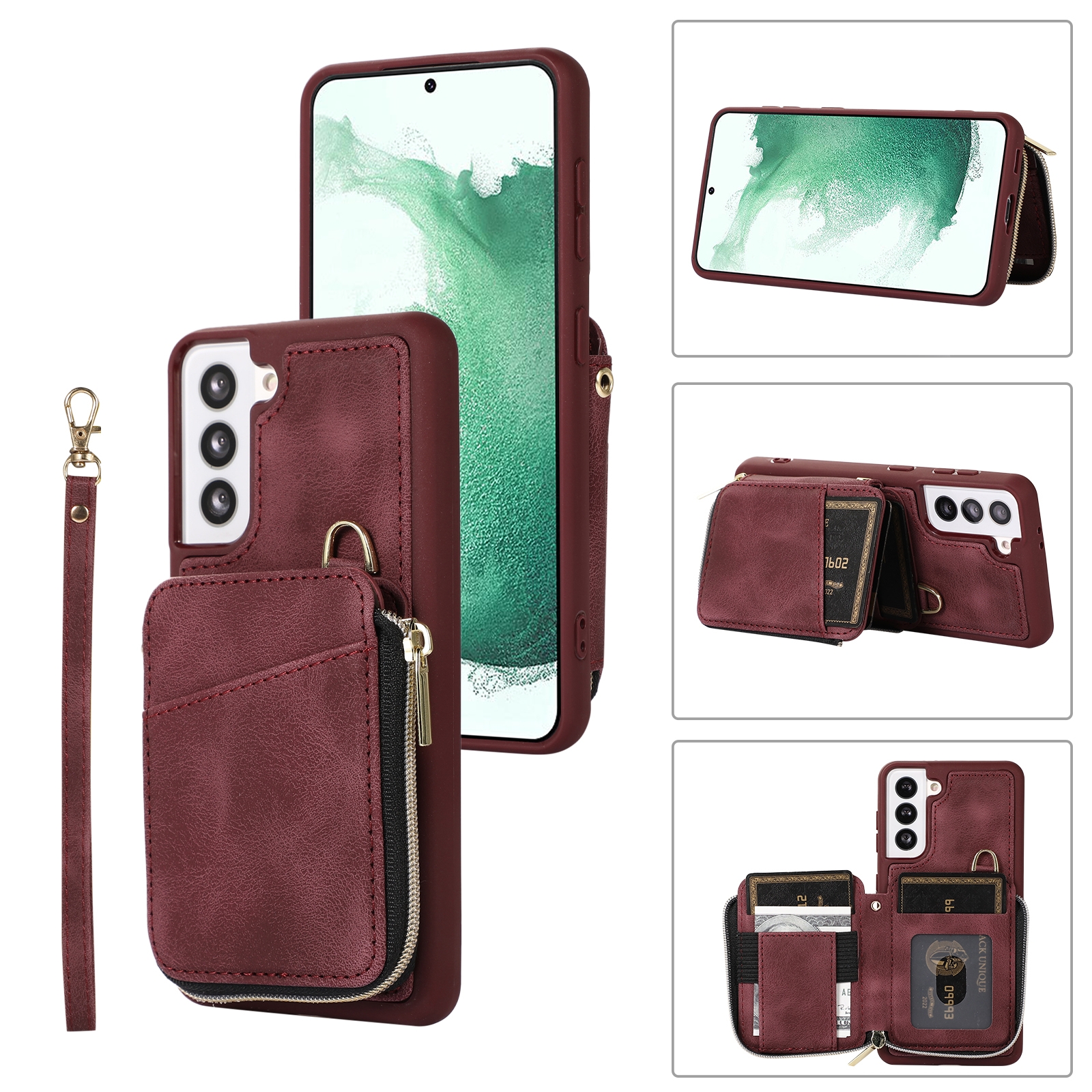 For Samsung Galaxy S22+ 5G Zipper Card Bag Back Cover Phone Case(Wine Red) For Samsung Galaxy S22+ 5G Zipper Card Bag Back Cover Phone Case(Wine Red)