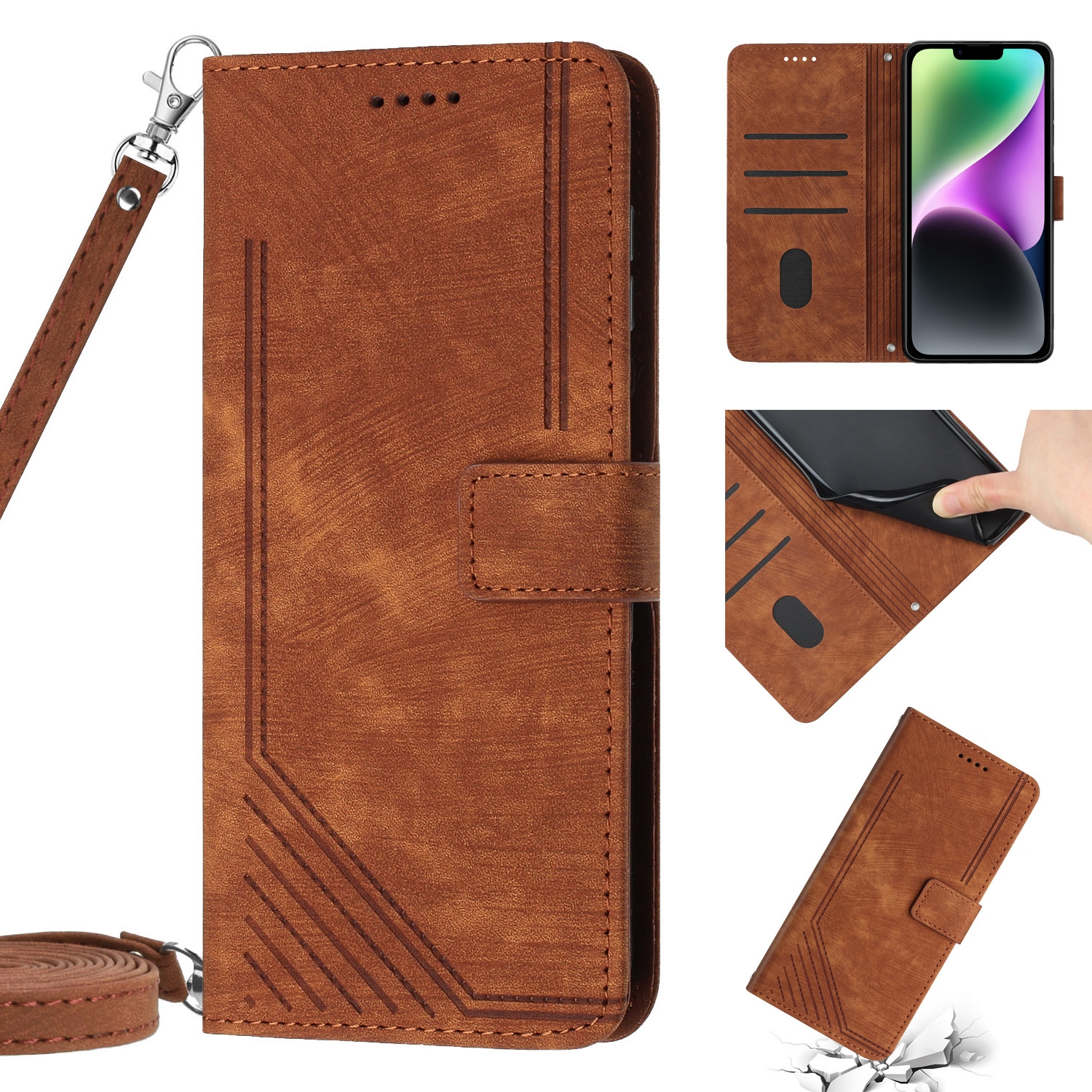 For iPhone 14 Pro Max Skin Feel Stripe Pattern Leather Phone Case with Lanyard(Brown) For iPhone 14 Pro Max Skin Feel Stripe Pattern Leather Phone Case with Lanyard(Brown)