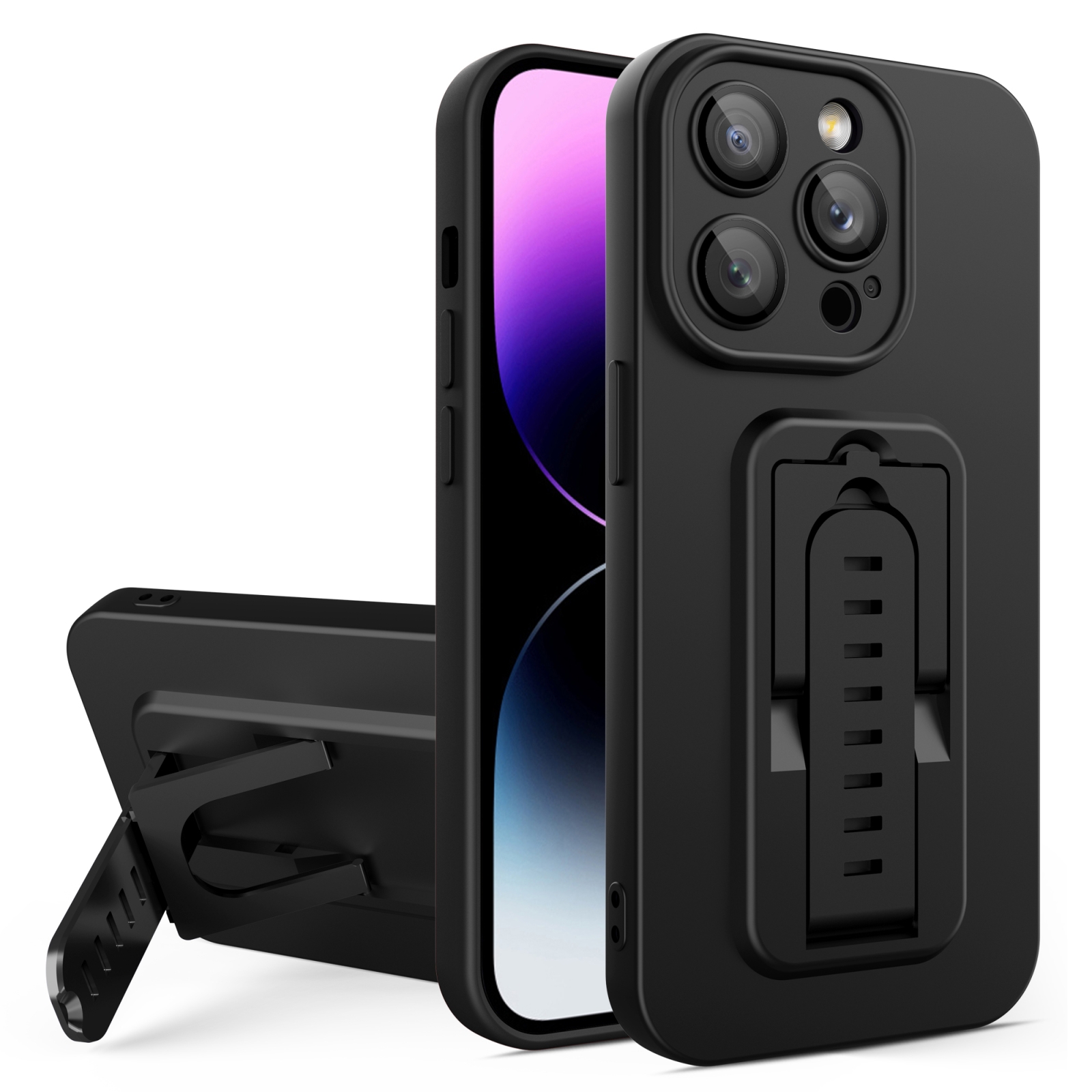 For iPhone 14 Pro Strap Holder Shockproof Protective Phone Case with Lens Film(Black) For iPhone 14 Pro Strap Holder Shockproof Protective Phone Case with Lens Film(Black)
