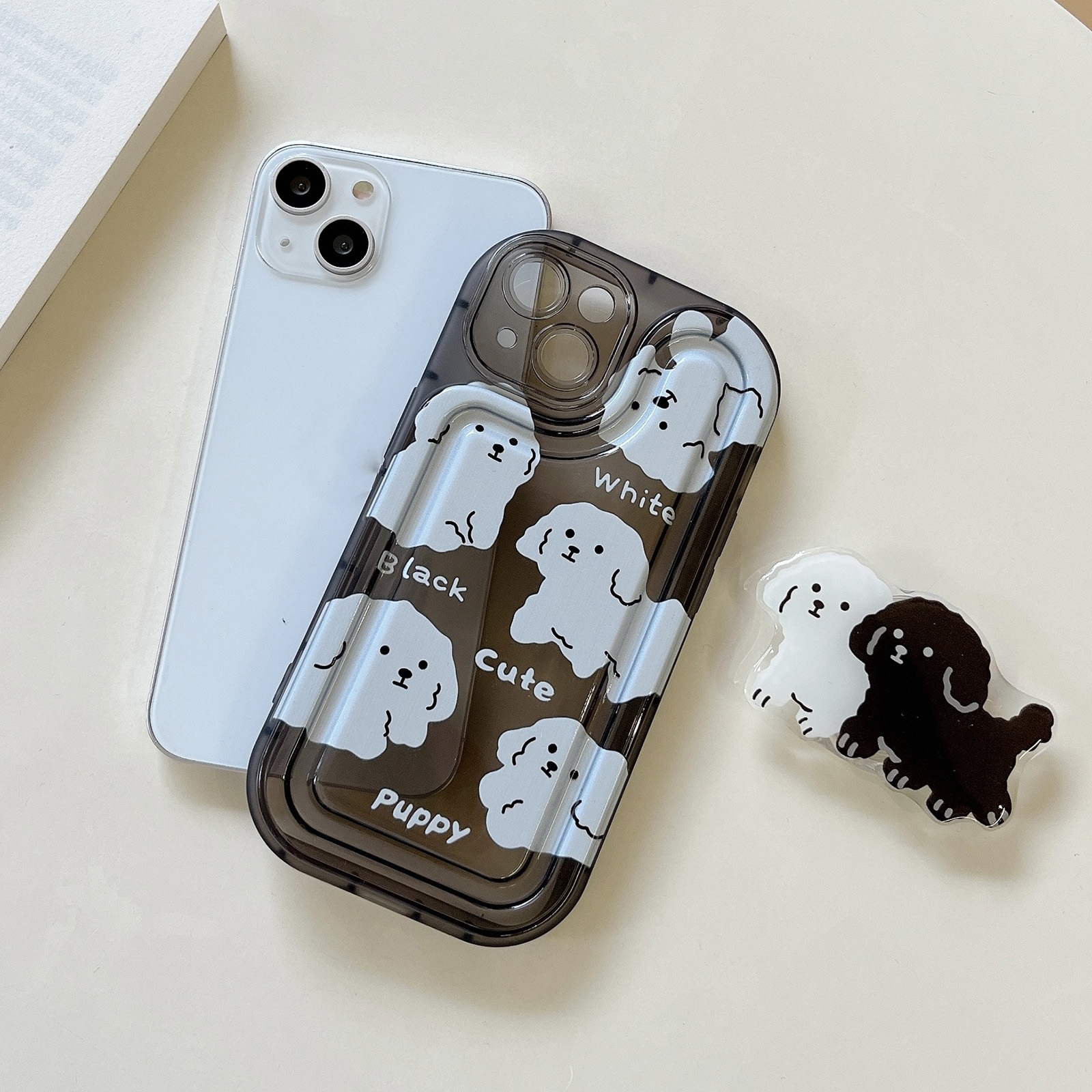 For iPhone 13 Airbag Frame Puppy Pattern TPU Holder Phone Case(Transparent Black) For iPhone 13 Airbag Frame Puppy Pattern TPU Holder Phone Case(Transparent Black)