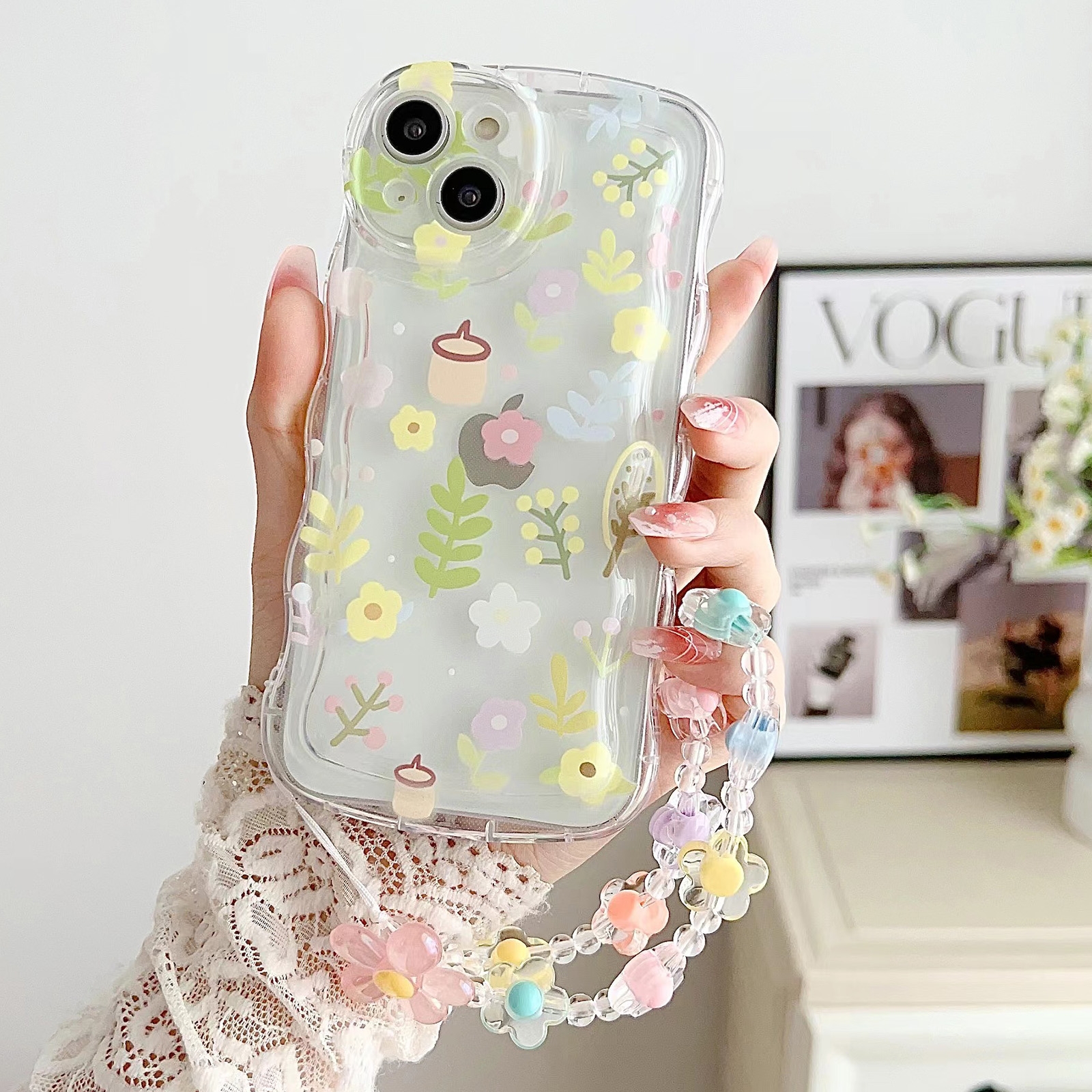 For iPhone 14 Small Floral Phone Case with Bracelet(Green Branch) For iPhone 14 Small Floral Phone Case with Bracelet(Green Branch)