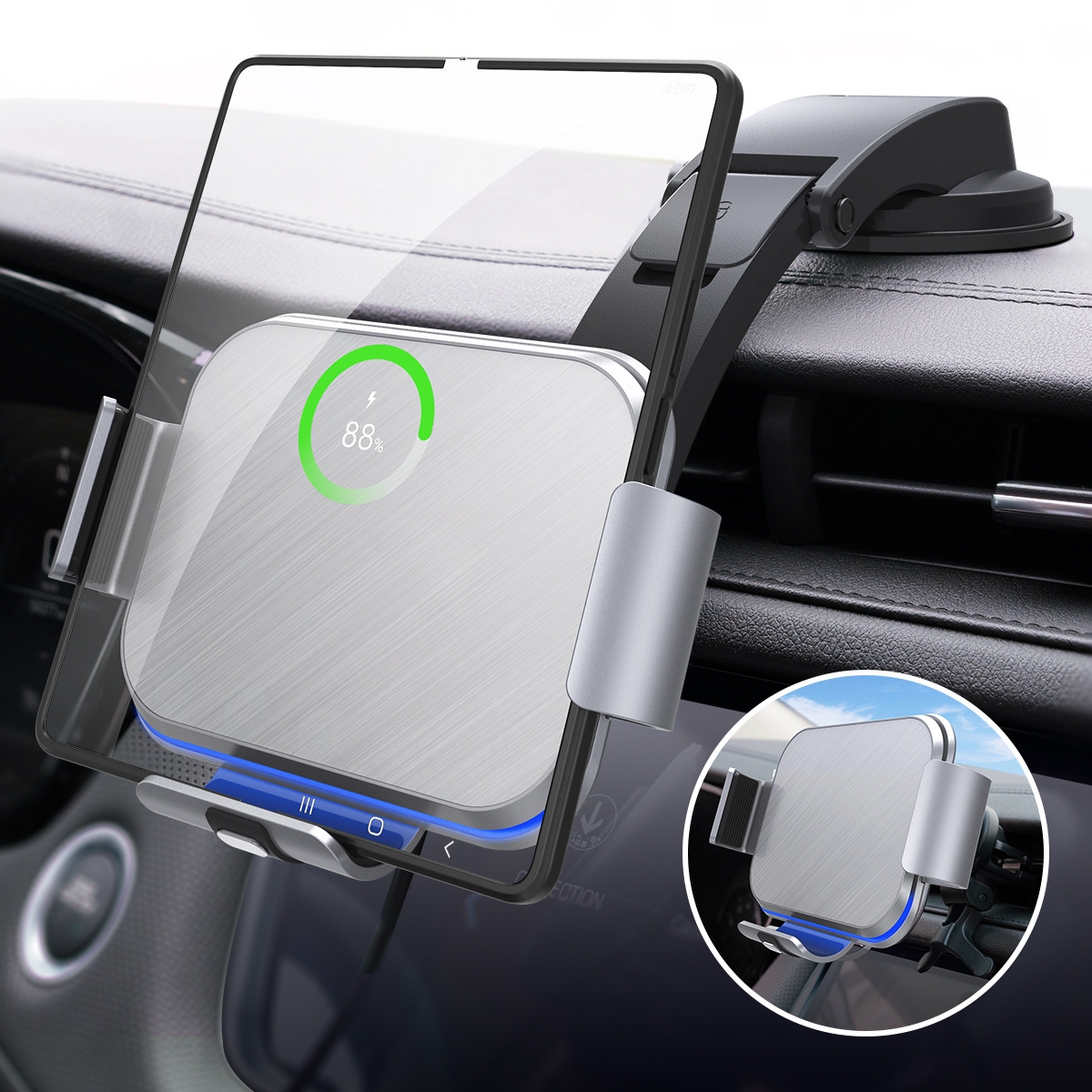 For Samsung Galaxy Z Fold4 / 3 / 2 S8 Dual Coil Car Phone Holder Wireless Charger(Iron Gray) For Samsung Galaxy Z Fold4 / 3 / 2 S8 Dual Coil Car Phone Holder Wireless Charger(Iron Gray)