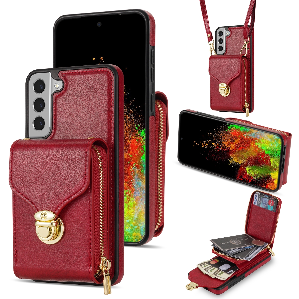 For Samsung Galaxy S22 5G Zipper Hardware Card Wallet Phone Case(Red) For Samsung Galaxy S22 5G Zipper Hardware Card Wallet Phone Case(Red)