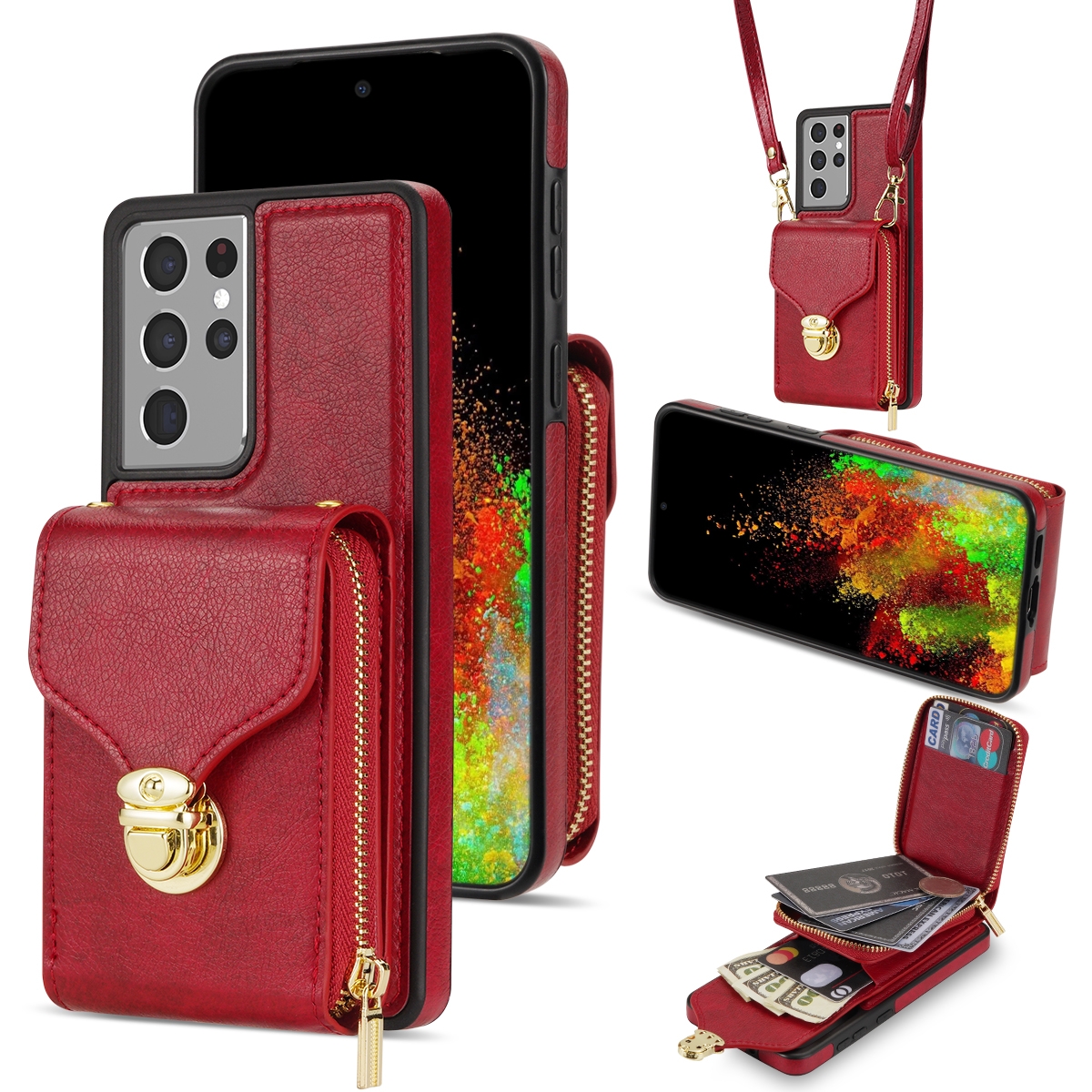 For Samsung Galaxy S21 Ultra 5G Zipper Hardware Card Wallet Phone Case(Red) For Samsung Galaxy S21 Ultra 5G Zipper Hardware Card Wallet Phone Case(Red)