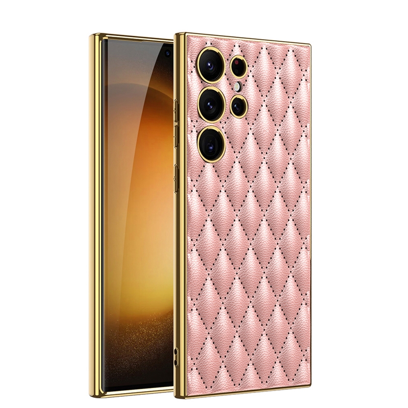 For Samsung Galaxy S23 Ultra 5G GKK Rhombus Pattern Electroplating Plain PU Phone Case(Pink) For Samsung Galaxy S23 Ultra 5G GKK Rhombus Pattern Electroplating Plain PU Phone Case(Pink)