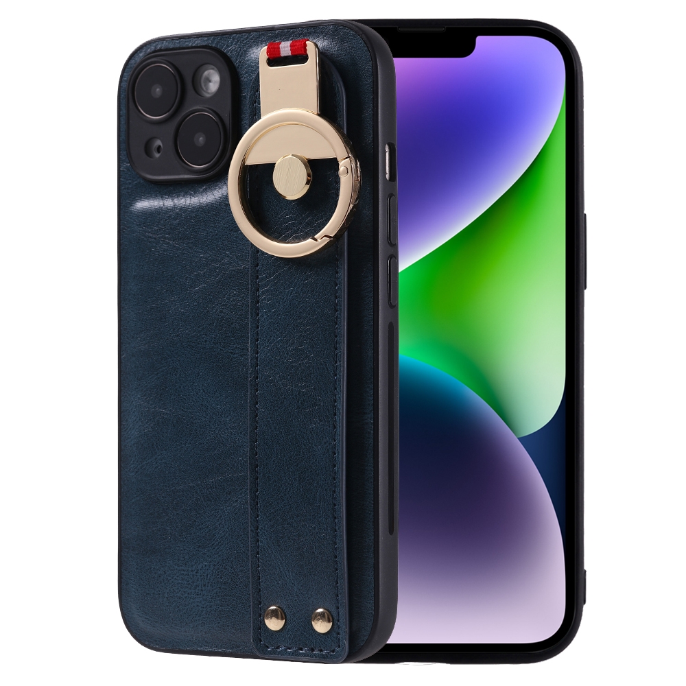 For iPhone 14 Wristband Leather Back Phone Case(Blue) For iPhone 14 Wristband Leather Back Phone Case(Blue)