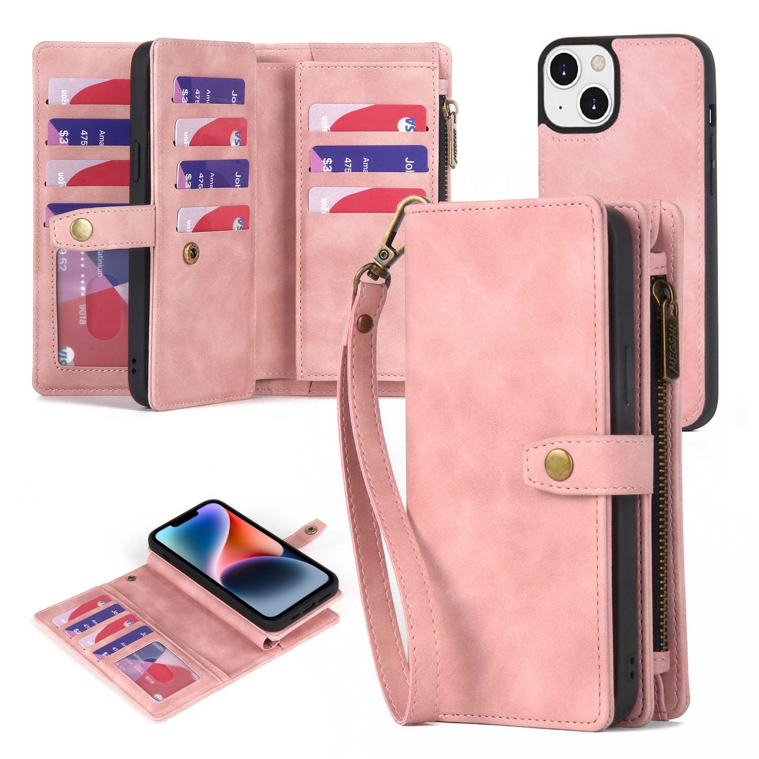 For iPhone 14 Zipper Wallet Magnetic Detachable Leather Phone Case(Pink) For iPhone 14 Zipper Wallet Magnetic Detachable Leather Phone Case(Pink)