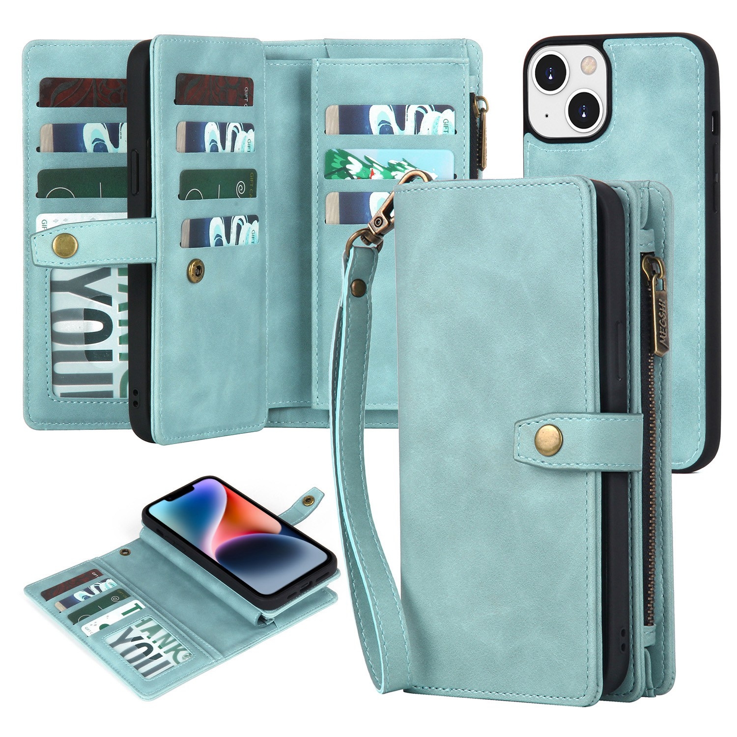 For iPhone 14 Plus Zipper Wallet Magnetic Detachable Leather Phone Case(Blue) For iPhone 14 Plus Zipper Wallet Magnetic Detachable Leather Phone Case(Blue)