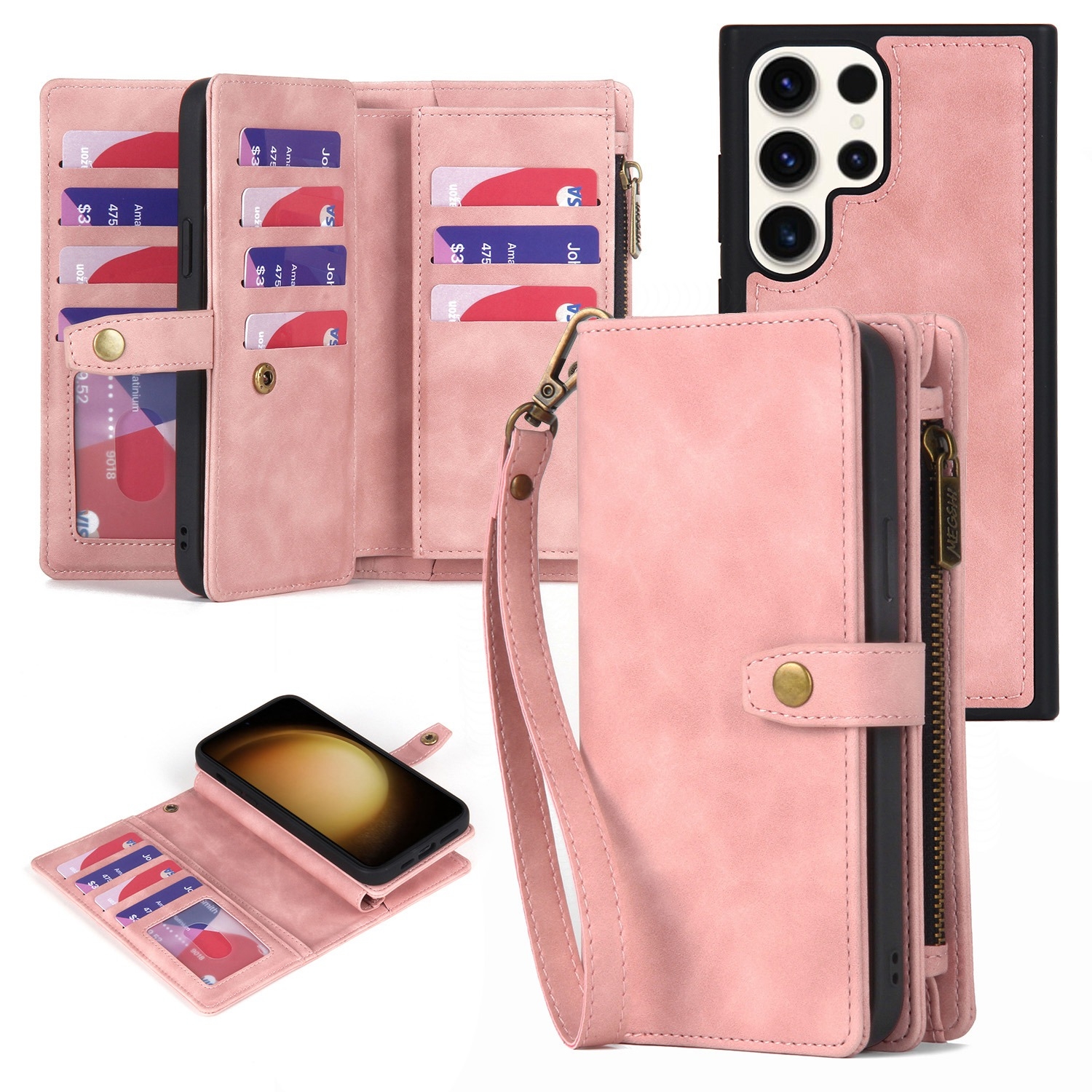 For Samsung Galaxy S23 Ultra 5G Zipper Wallet Magnetic Detachable Leather Phone Case(Pink)