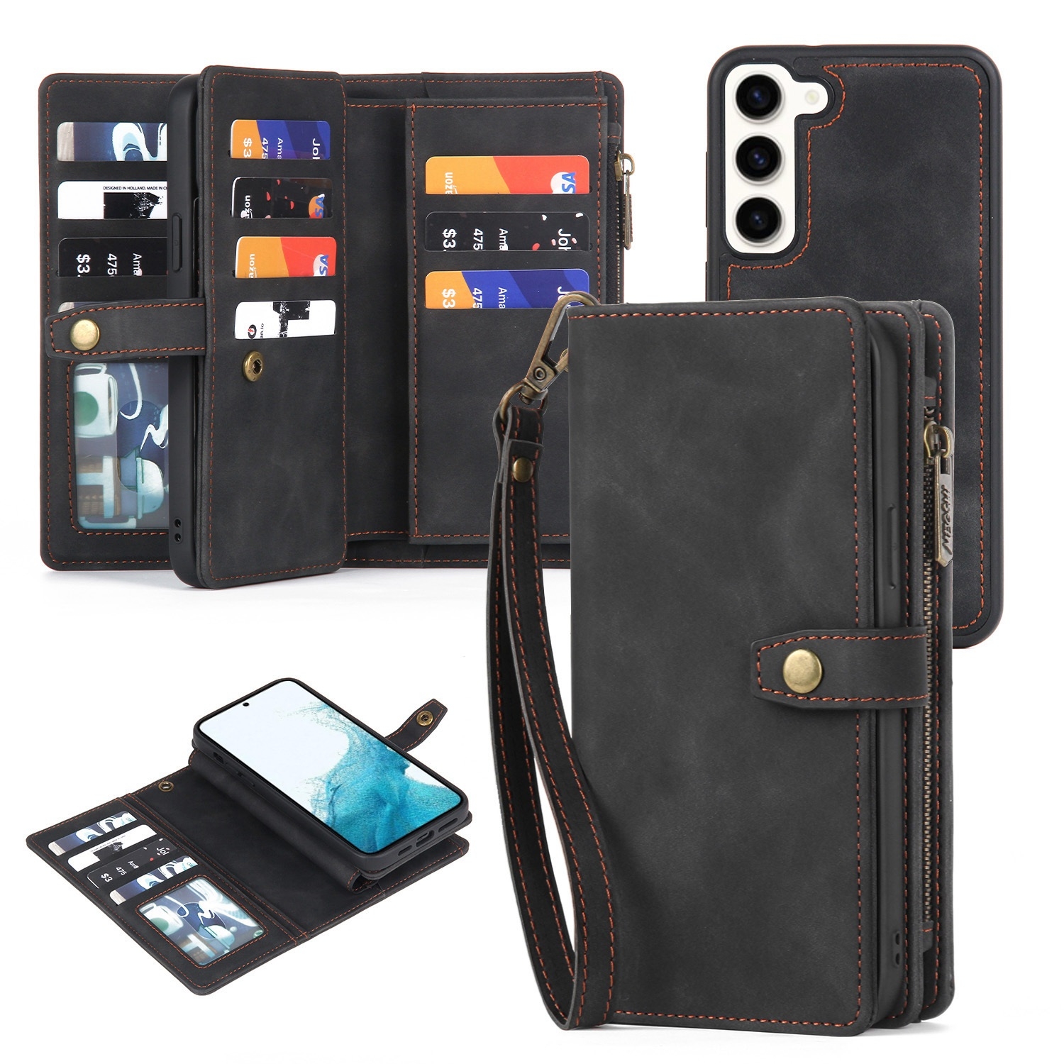 For Samsung Galaxy S22 5G Zipper Wallet Magnetic Detachable Leather Phone Case(Black) For Samsung Galaxy S22 5G Zipper Wallet Magnetic Detachable Leather Phone Case(Black)