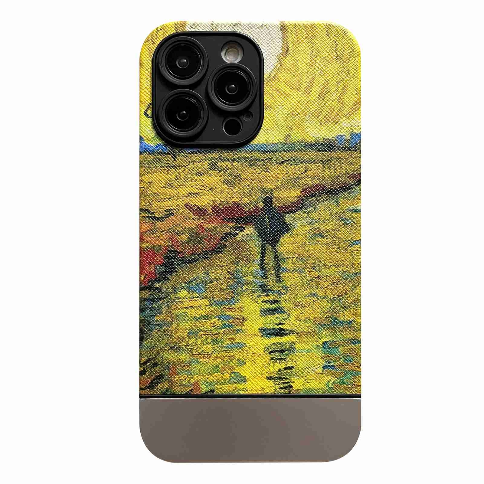 For iPhone 14 Oil Painting Electroplating Leather Phone Case(Sunset) For iPhone 14 Oil Painting Electroplating Leather Phone Case(Sunset)