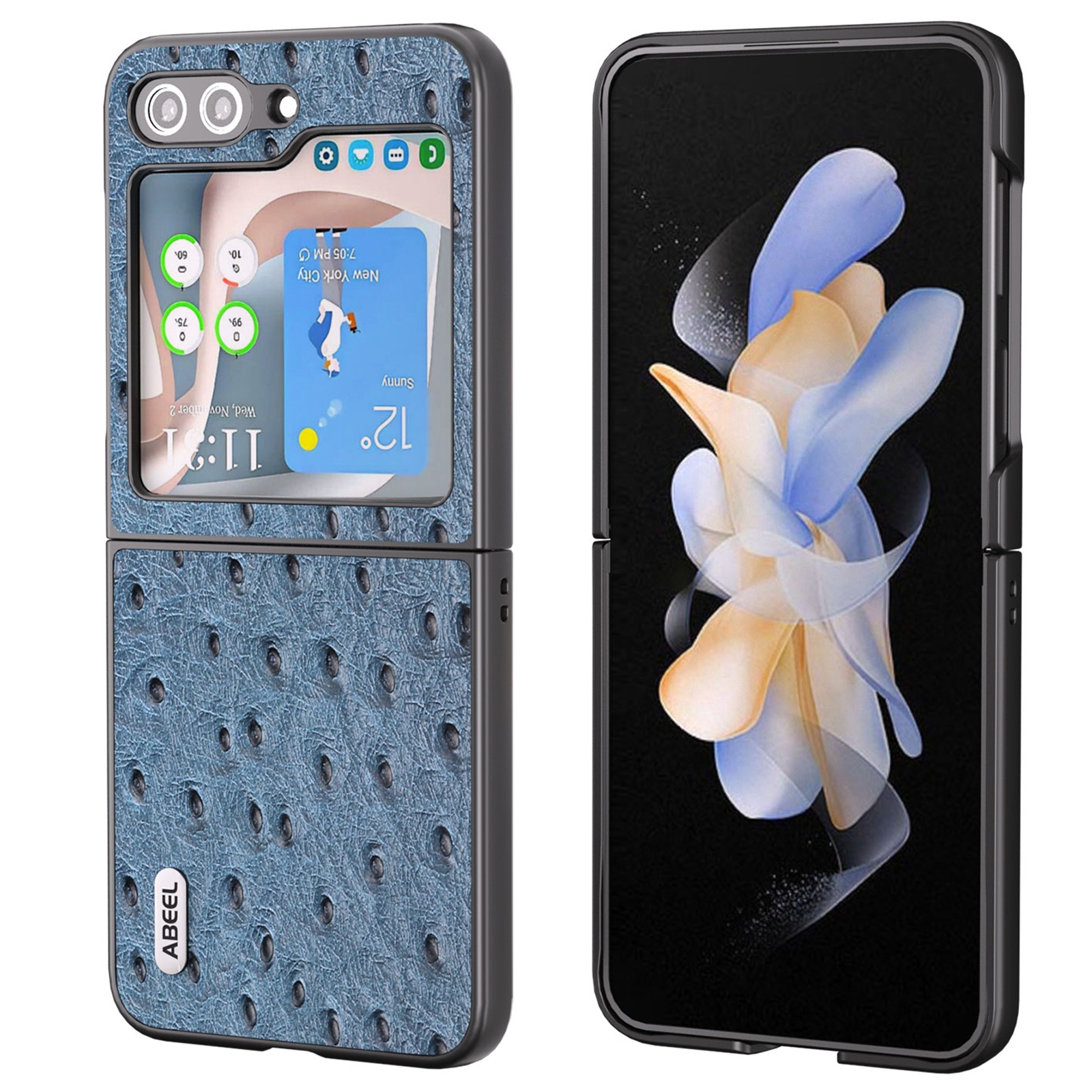 For Samsung Galaxy Z Flip5 ABEEL Genuine Leather Ostrich Texture Phone Case(Blue) For Samsung Galaxy Z Flip5 ABEEL Genuine Leather Ostrich Texture Phone Case(Blue)