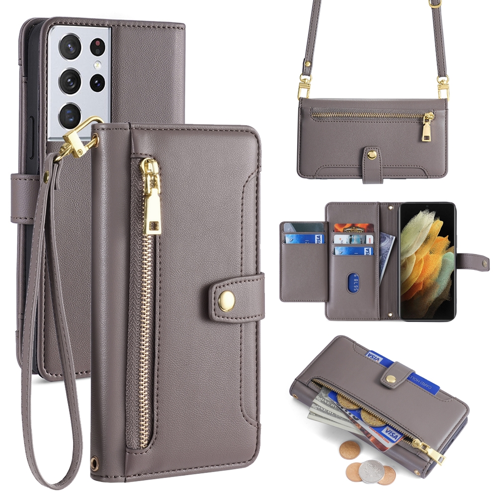 For Samsung Galaxy S21 Ultra 5G Sheep Texture Cross-body Zipper Wallet Leather Phone Case(Grey) For Samsung Galaxy S21 Ultra 5G Sheep Texture Cross-body Zipper Wallet Leather Phone Case(Grey)