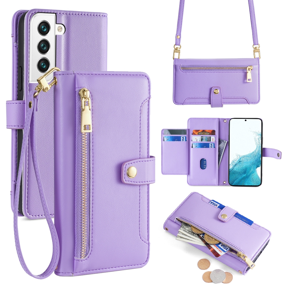 For Samsung Galaxy S22 5G Sheep Texture Cross-body Zipper Wallet Leather Phone Case(Purple) For Samsung Galaxy S22 5G Sheep Texture Cross-body Zipper Wallet Leather Phone Case(Purple)