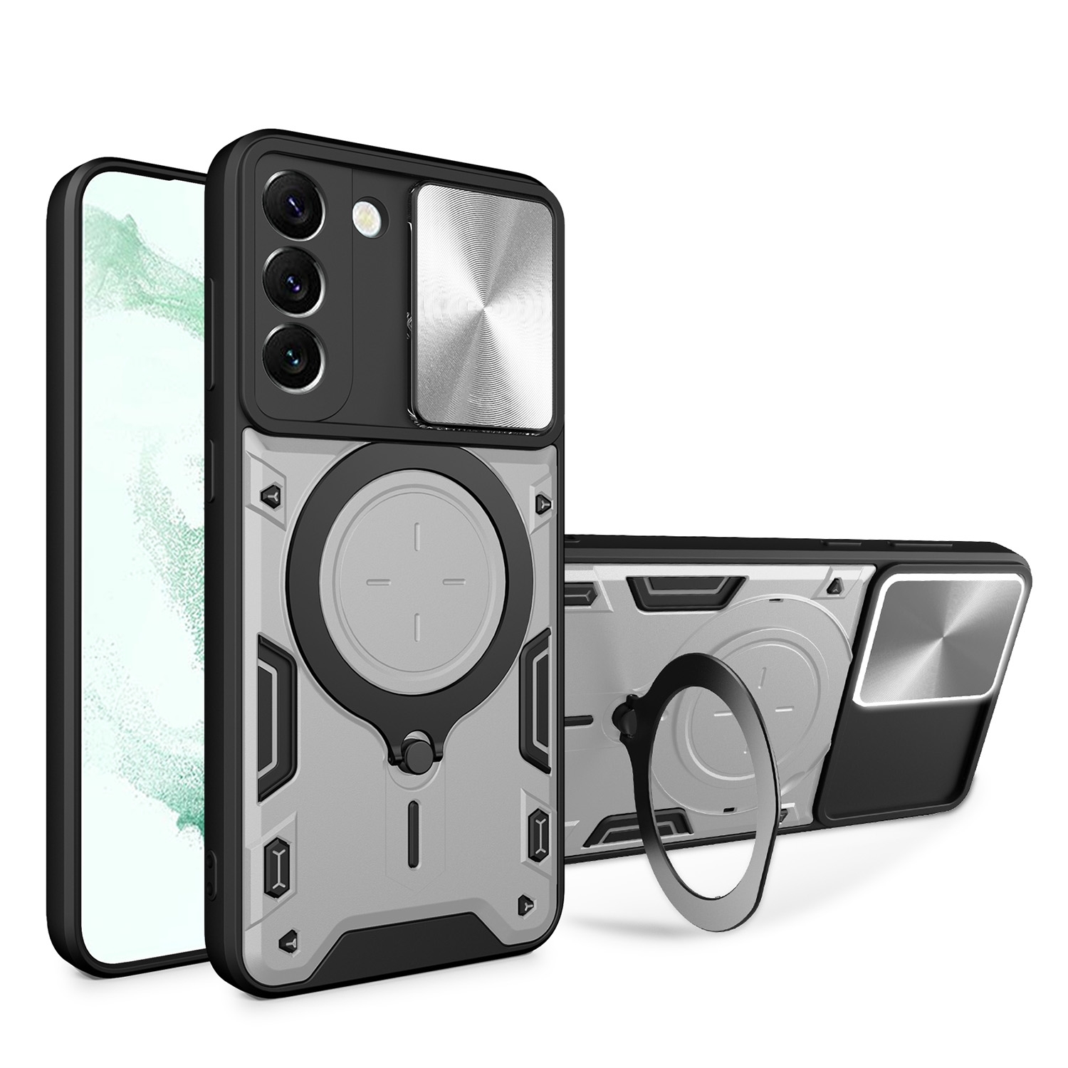 For Samsung Galaxy S22 5G CD Texture Sliding Camshield Magnetic Holder Phone Case(Silver) For Samsung Galaxy S22 5G CD Texture Sliding Camshield Magnetic Holder Phone Case(Silver)