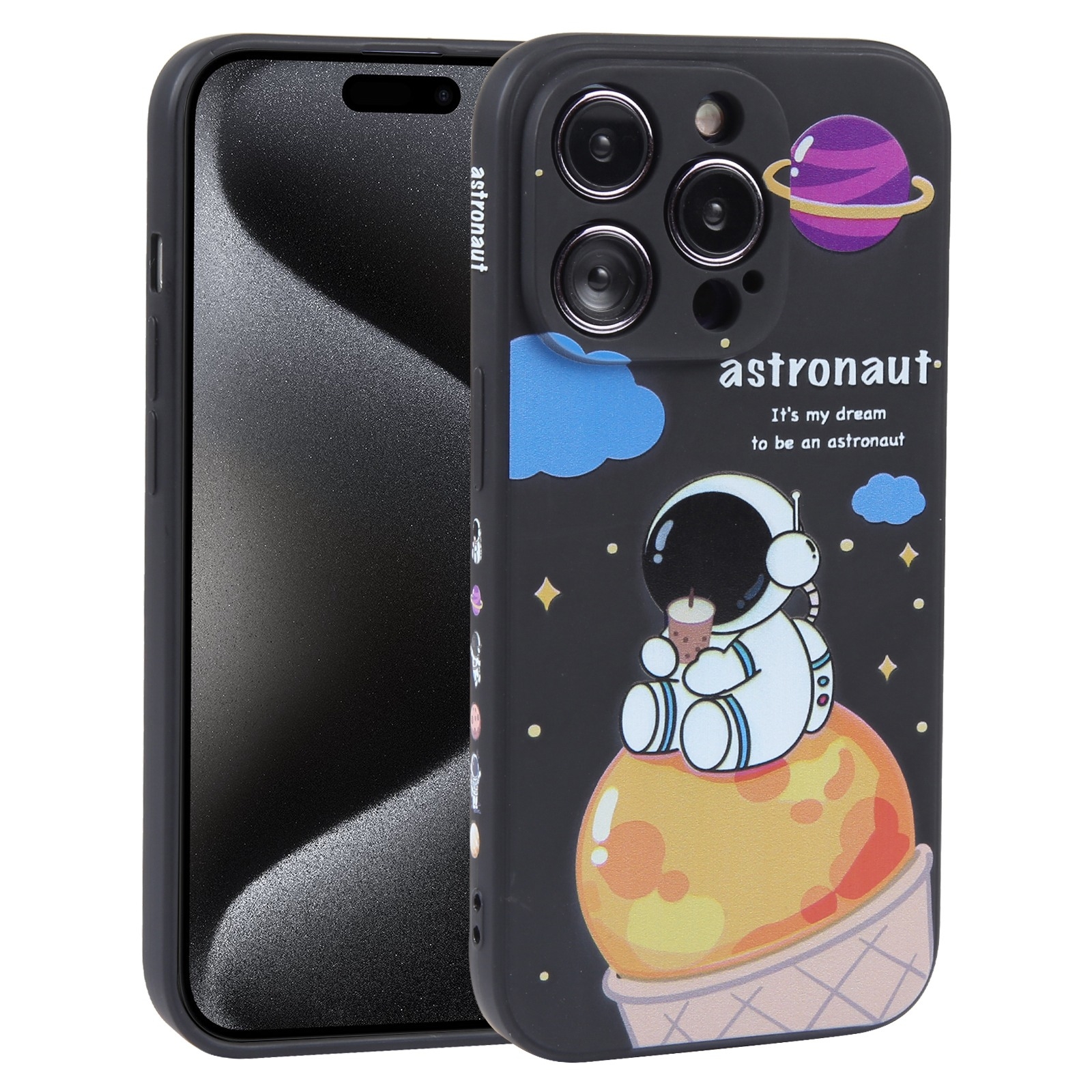 For iPhone 15 Pro Milk Tea Astronaut Pattern Liquid Silicone Phone Case(Ivory Black) For iPhone 15 Pro Milk Tea Astronaut Pattern Liquid Silicone Phone Case(Ivory Black)