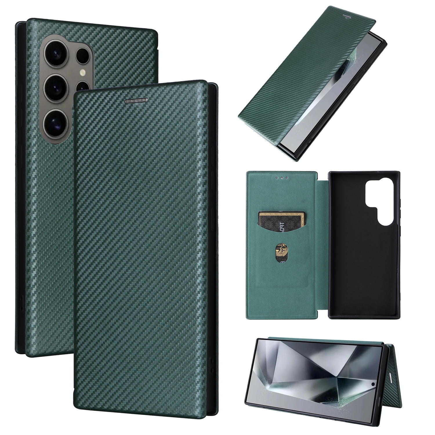 For Samsung Galaxy S24 Ultra 5G Carbon Fiber Texture Flip Leather Phone Case(Green)