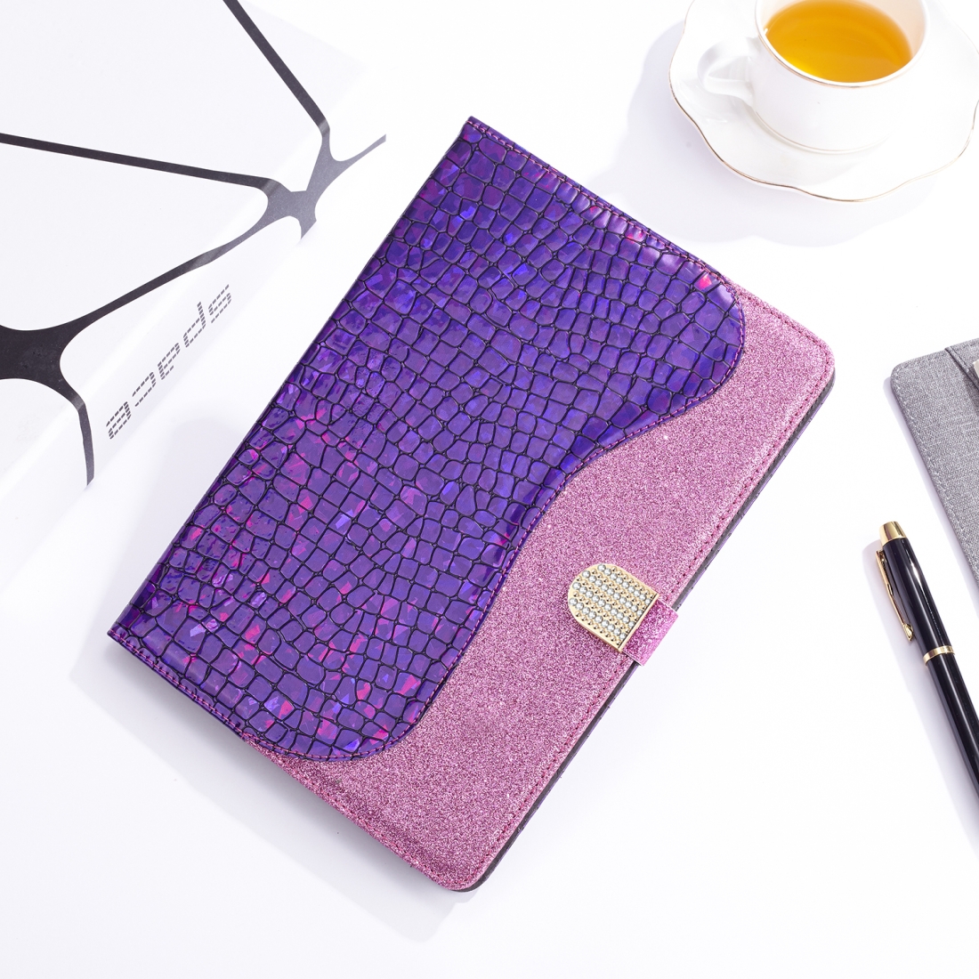 For iPad Mini 4 / 3 / 2 / 1 Laser Glitter Stitching Crocodile Texture Horizontal Flip Leather Case with Storage Grid & Holder(Purple) For iPad Mini 4 / 3 / 2 / 1 Laser Glitter Stitching Crocodile Texture Horizontal Flip Leather Case with Storage Grid & Holder(Purple)