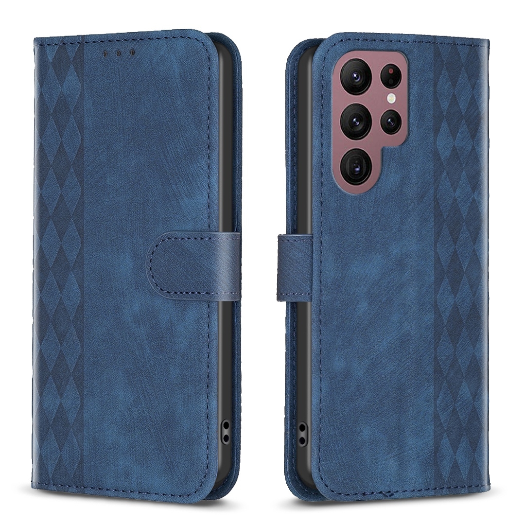 For Samsung Galaxy S22 Ultra 5G Plaid Embossed Leather Phone Case(Blue) For Samsung Galaxy S22 Ultra 5G Plaid Embossed Leather Phone Case(Blue)